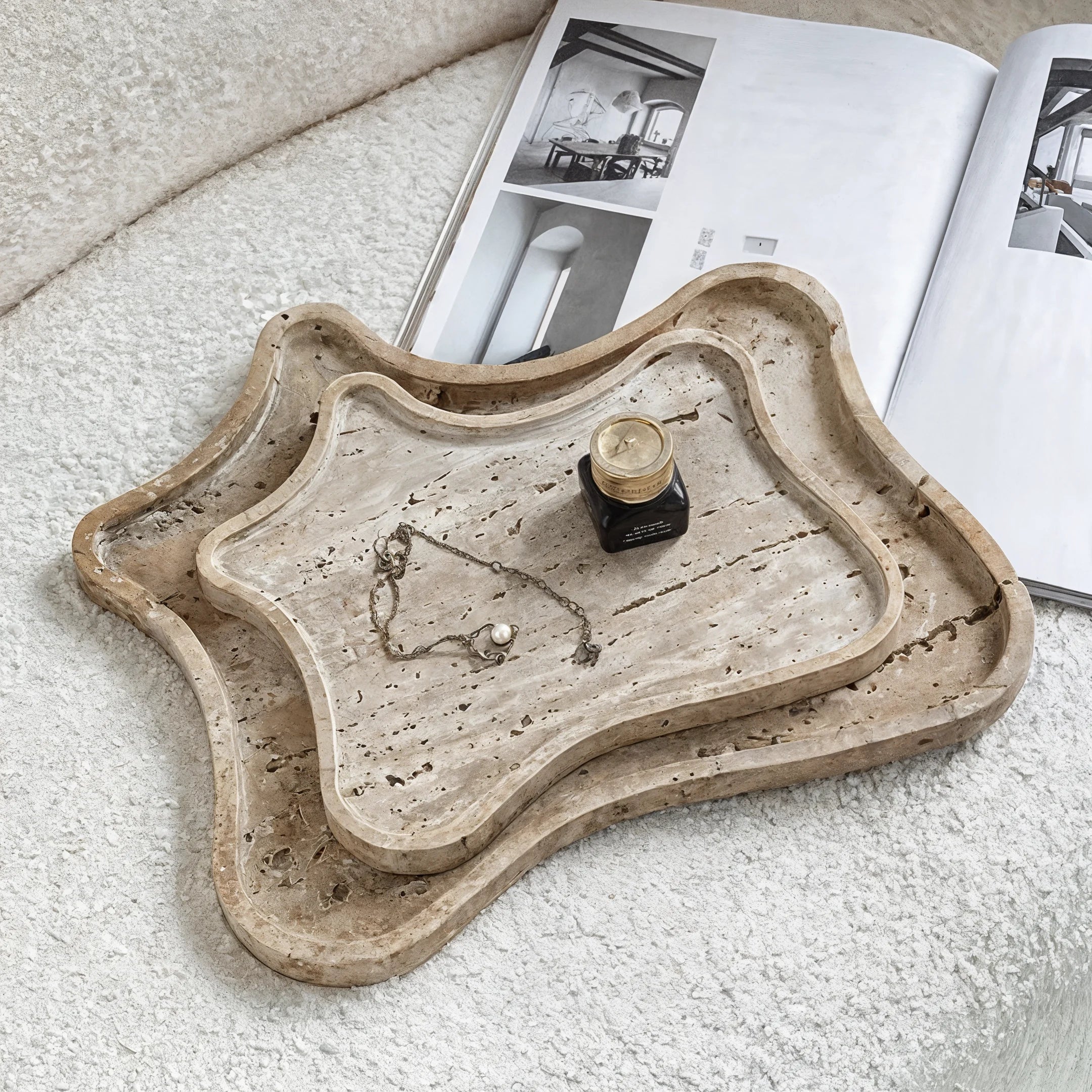 Elegant Travertine Marble Tray Set | Unique Organic Design for Stylish Serving 0