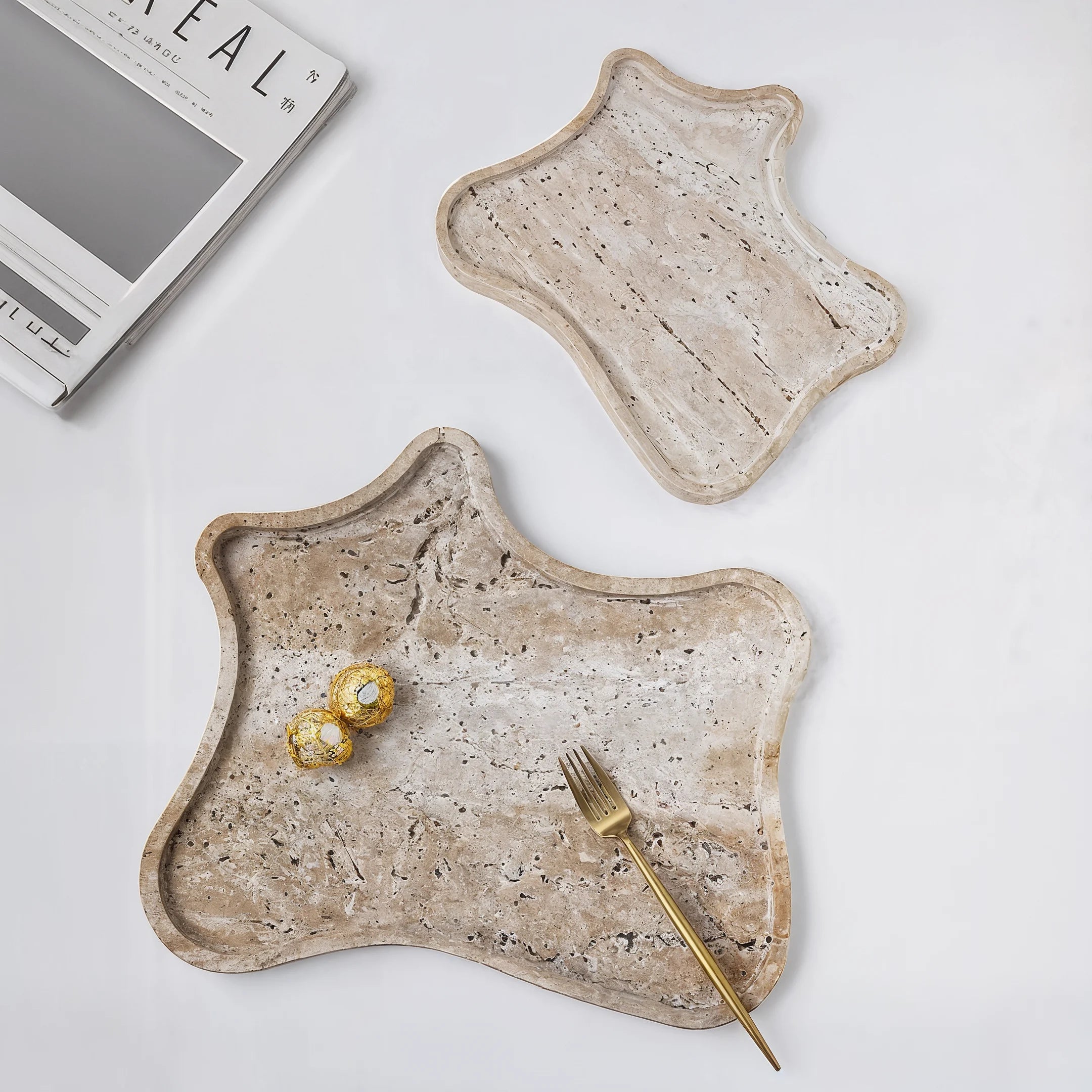 Elegant Travertine Marble Tray Set | Unique Organic Design for Stylish Serving 2