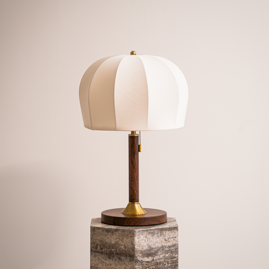 Elegant Wooden Table Lamp with Golden Accents & Fabric Shade | Stylish Bedside Lamp for Cozy Ambiance 0