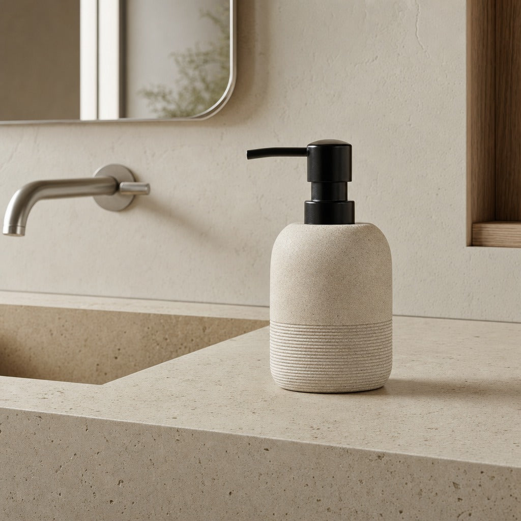 A textured cream soap dispenser with a matte black pump bottle, sitting on a speckled beige stone countertop in a modern bathroom setting.