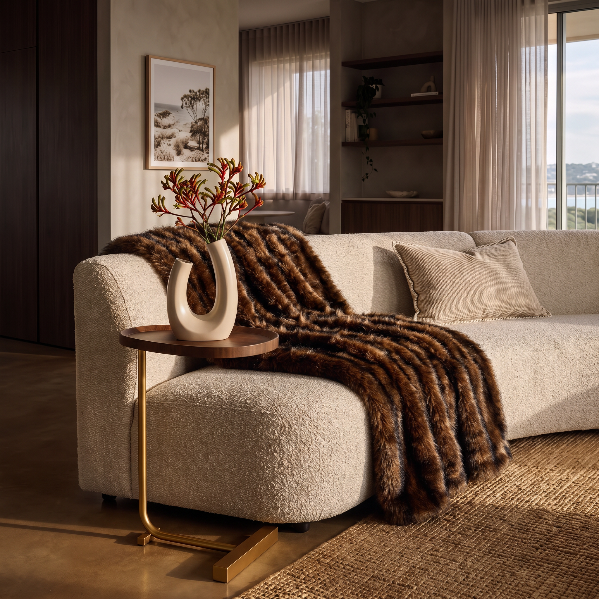 A luxurious brown faux fur throw blanket draped over a cream boucle sectional sofa in a modern, sunlit living room.