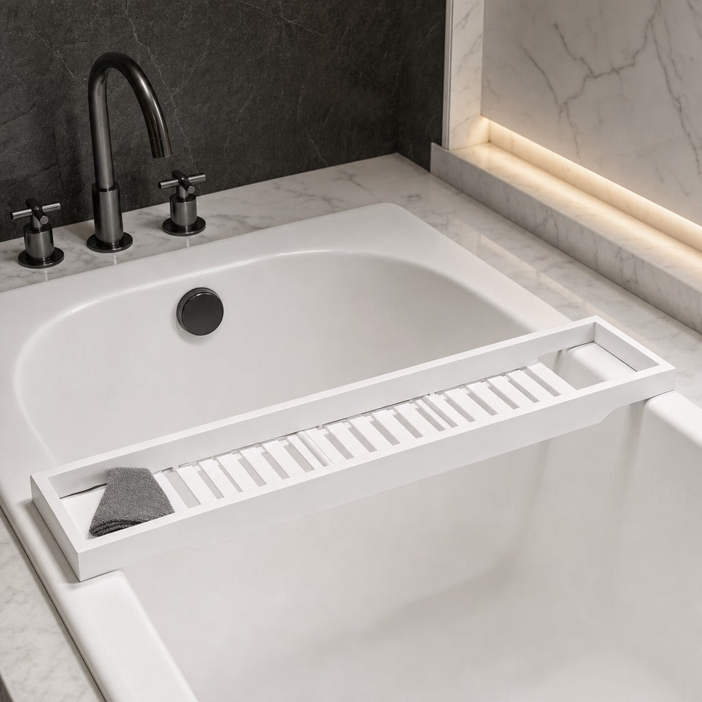 A white wooden bath caddy with a slatted drain section and a hanging loop, shown draped over the edge of a white bathtub in a modern bathroom setting with a black faucet.