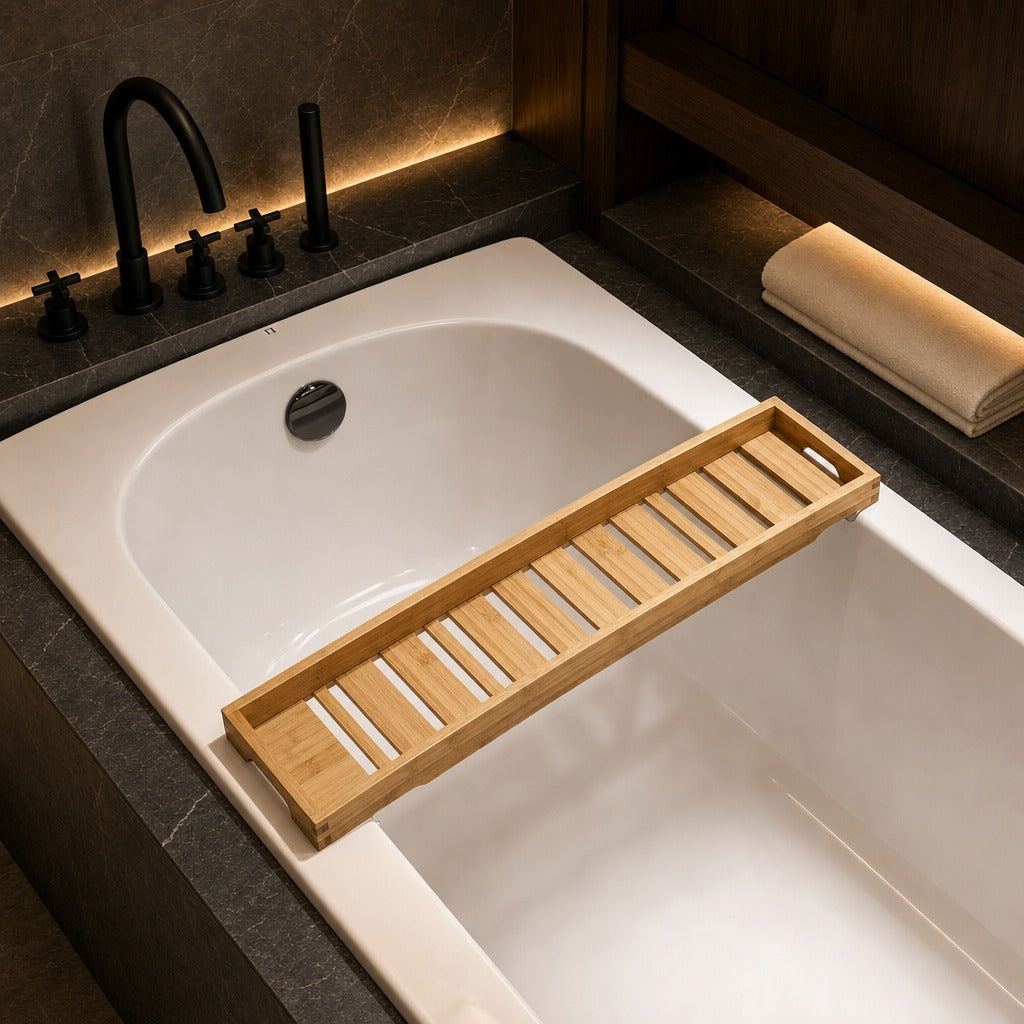 A bamboo bathtub bath caddy with a slatted design rests across the rim of a white bathtub in a modern bathroom setting.