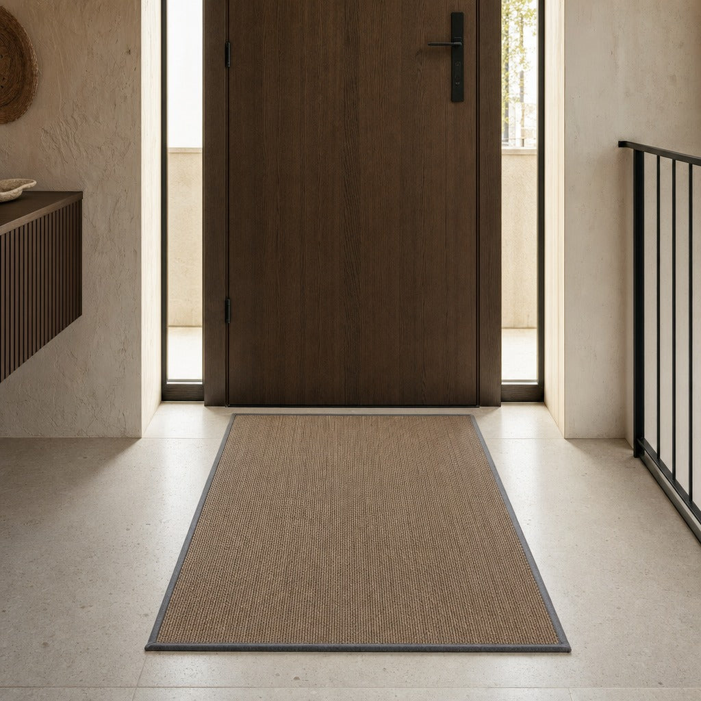 A rectangular natural fiber entryway mat with a dark gray border, placed on a light stone floor in front of a dark wood door.