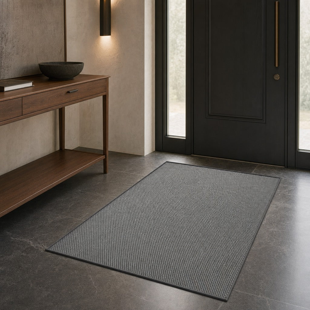 A rectangular gray textured entryway rug placed on a dark stone floor in front of a black front door, with a wooden console table and wall sconce visible in the room.
