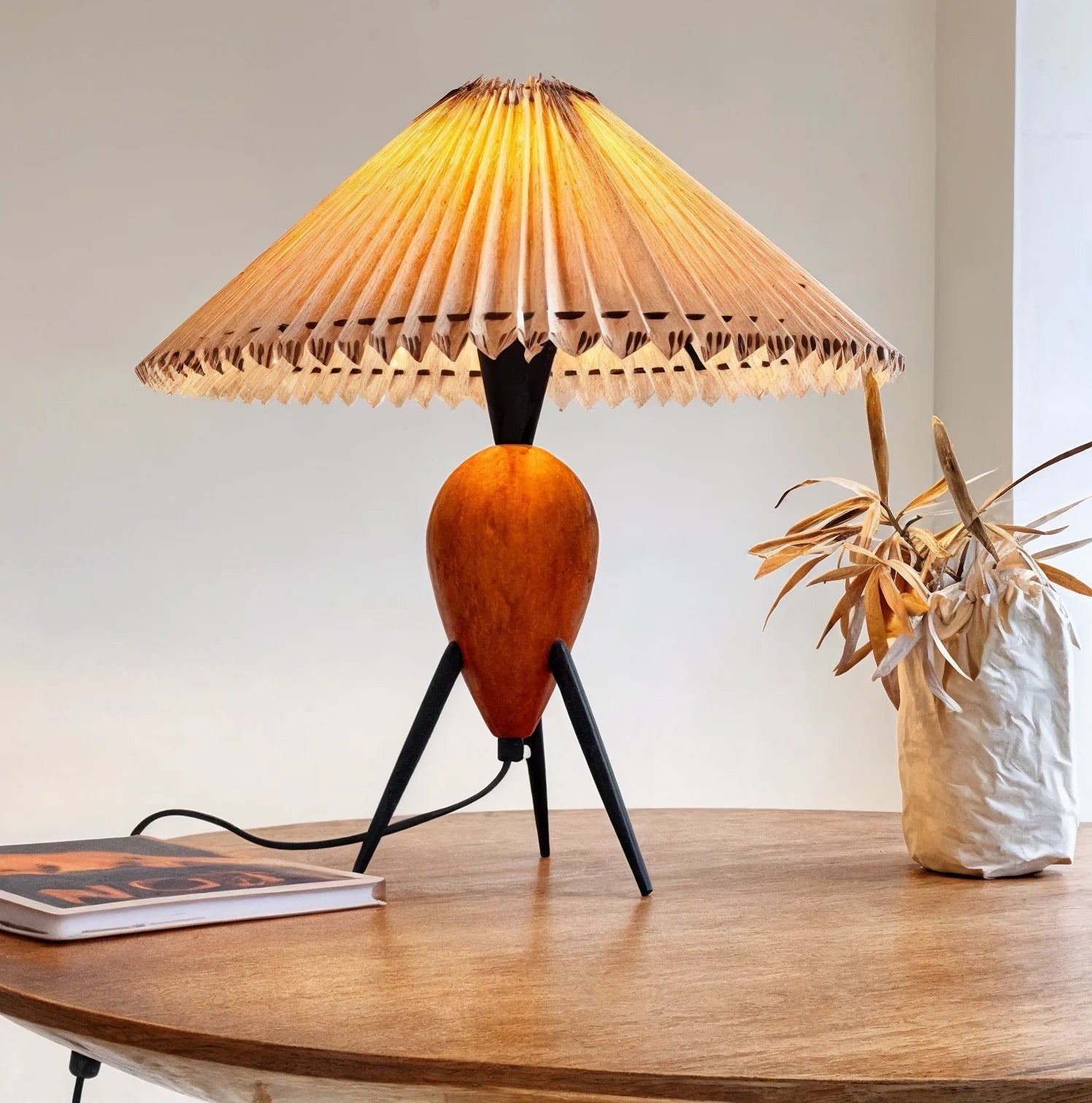 Mediterranean Table Lamp with Tripod Wooden Legs & Hand-Painted Shade for Cozy Ambiance 7