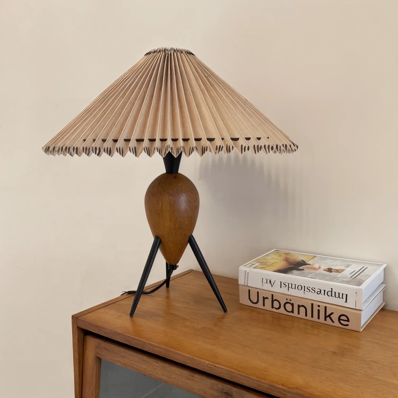 Mediterranean Table Lamp with Tripod Wooden Legs & Hand-Painted Shade for Cozy Ambiance 8