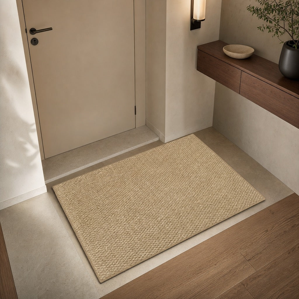A rectangular woven entryway rug in a natural beige tone, shown on a light floor at the threshold of a modern interior with a wooden floating shelf and wall sconce.