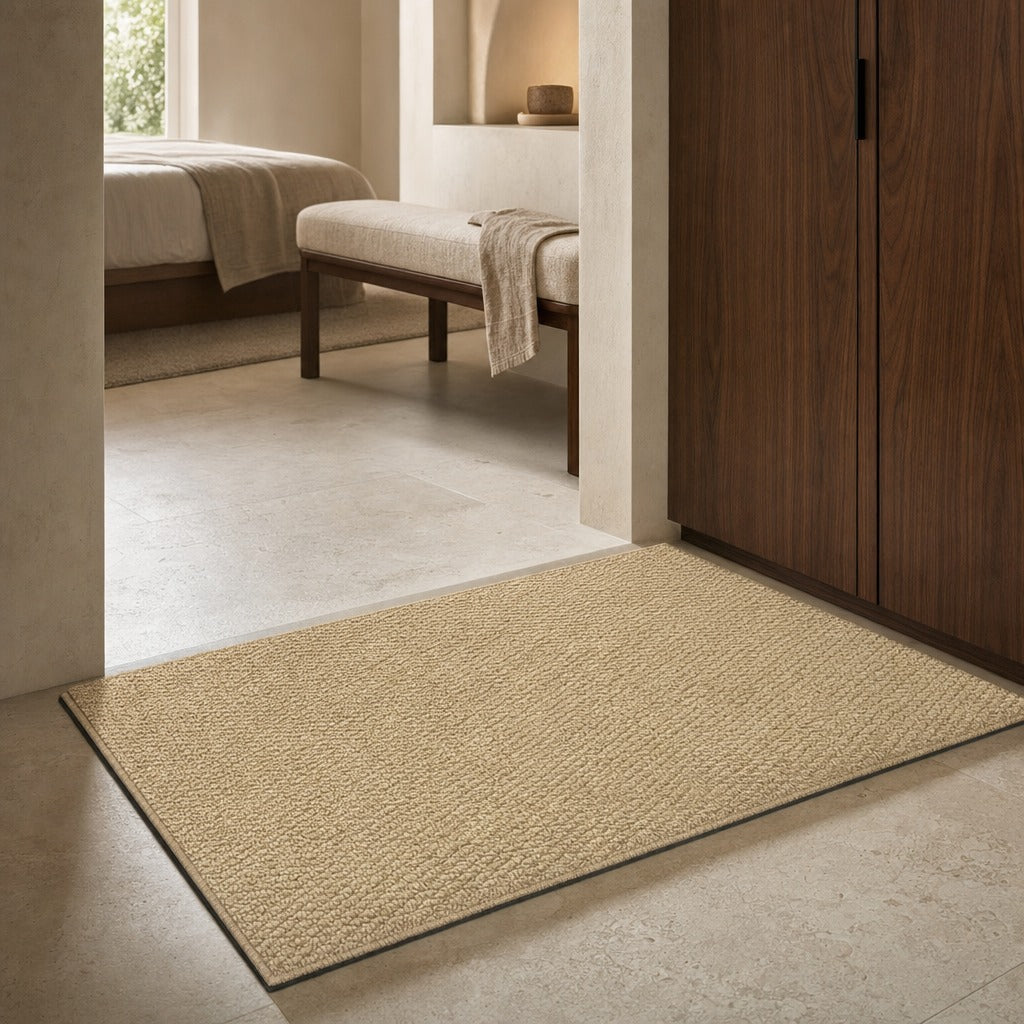 A rectangular woven entry rug in a natural beige jute or sisal texture, shown on a light stone floor in a minimalist bedroom setting.