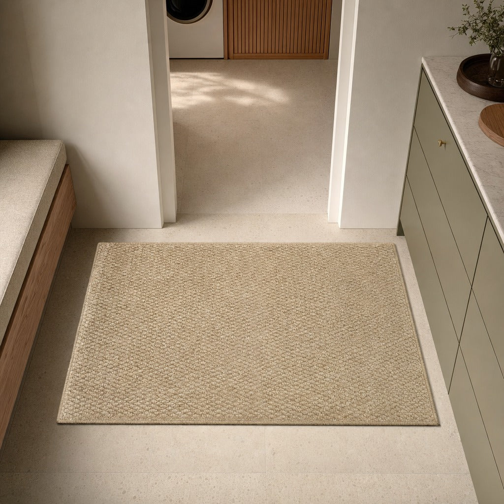 A rectangular woven area rug in a natural beige tone, shown on a light stone floor in a modern interior setting with cabinetry and a doorway in the background.