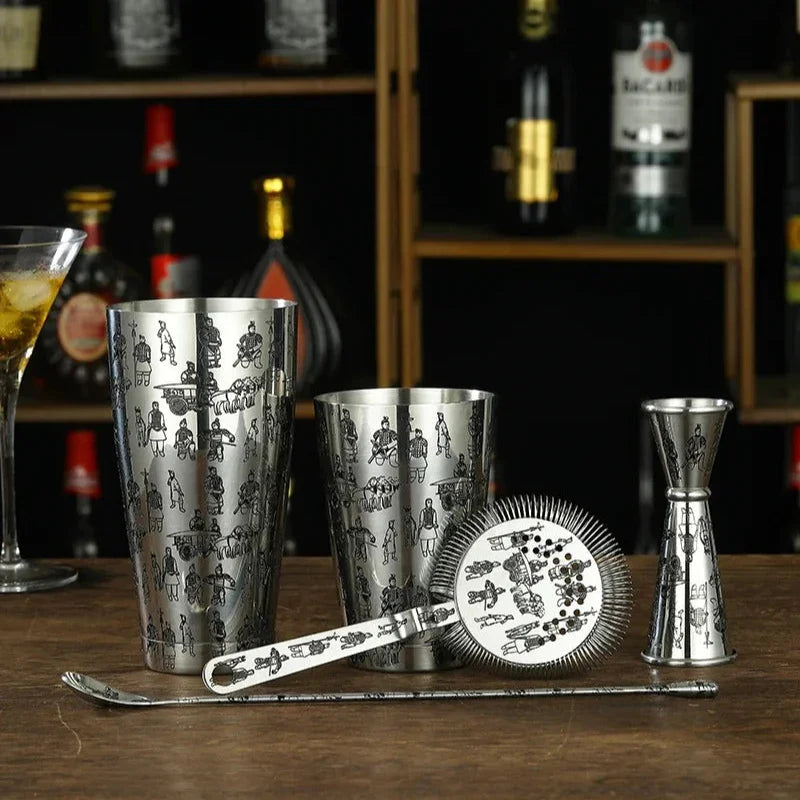 Premium Cocktail Set | 5-Piece Cocktail Shaker Set with Etched Designs | Durable Stainless Steel for Home Bar Mastery 1