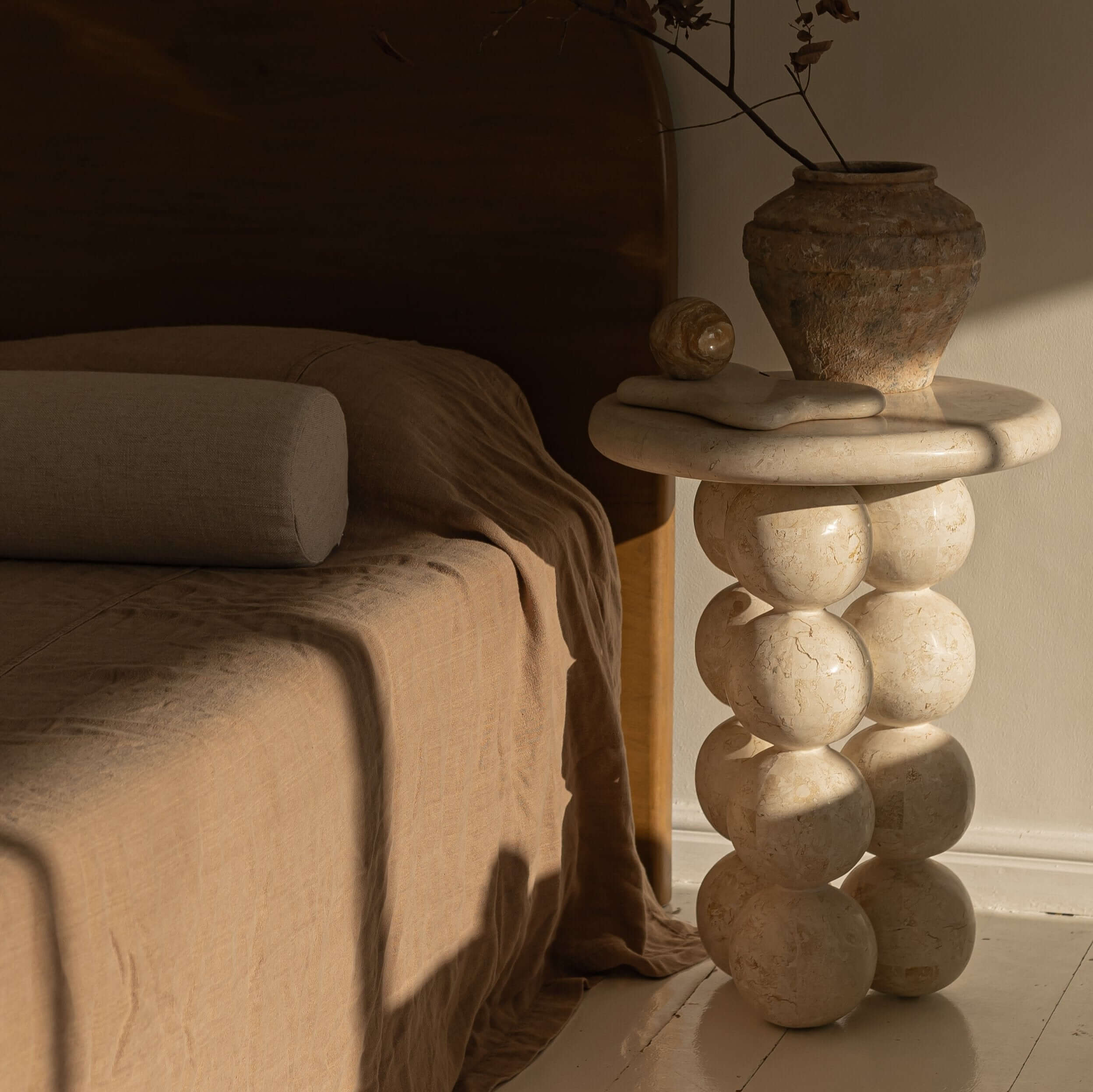 Sculptural Marble Side Table with Pearl-Like Legs | Unique White Rose Design for Elegant Home Decor 4