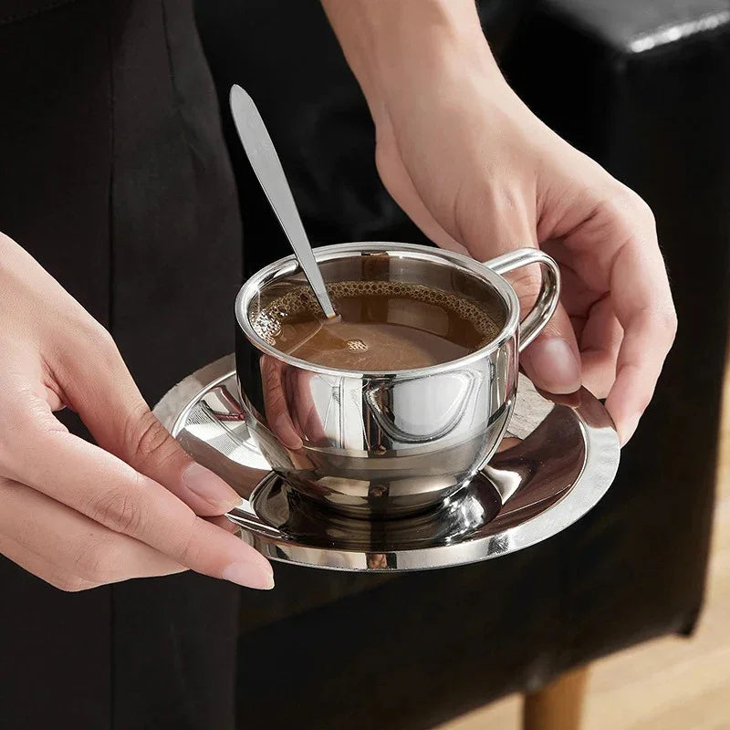 Stainless Steel Coffee Mug Set with Tray & Spoon | Modern Design for Temperature Retention 5