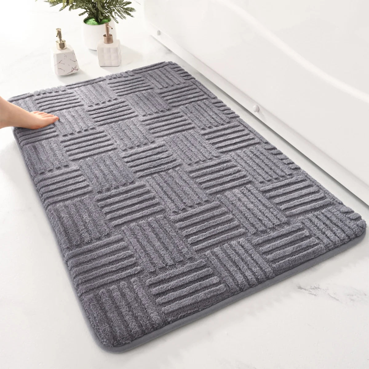 Thick Striped Bath Mat with Non-Slip Backing | Soft and Absorbent Bathroom Mats for Safety and Comfort 0