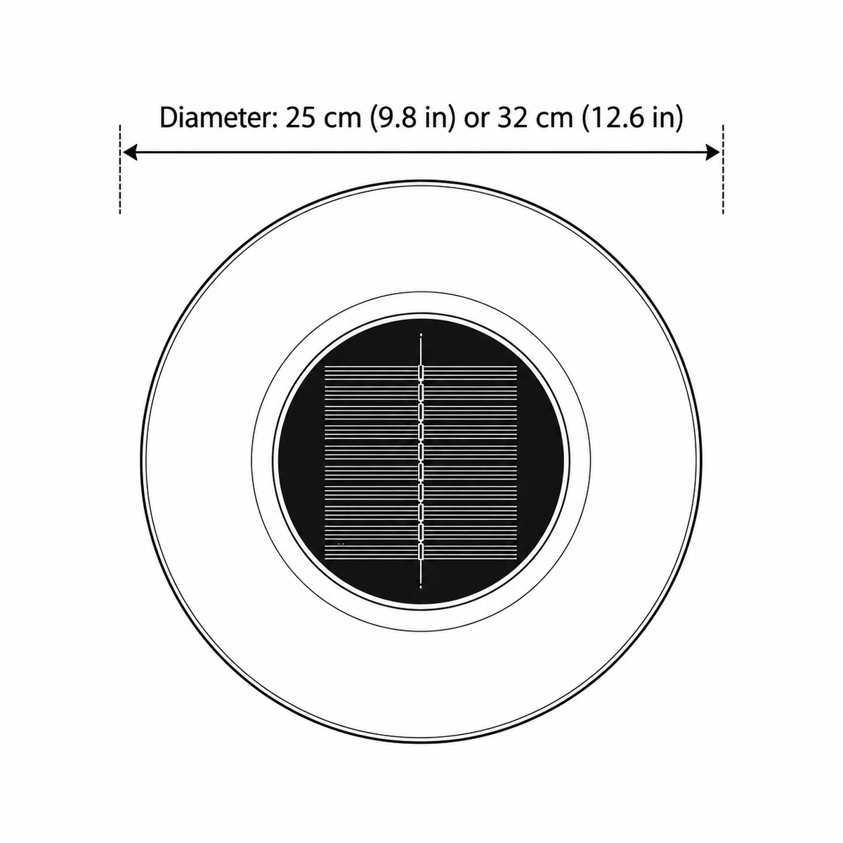 Agua floating solar pool light dimensions, 24.9cm or 32cm diameter with a round solar panel