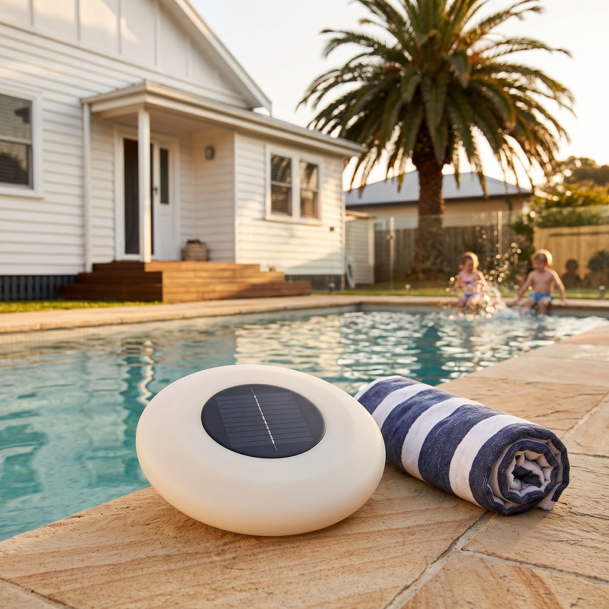 Agua floating solar pool light on sandstone pool coping beside a striped towel at golden hour