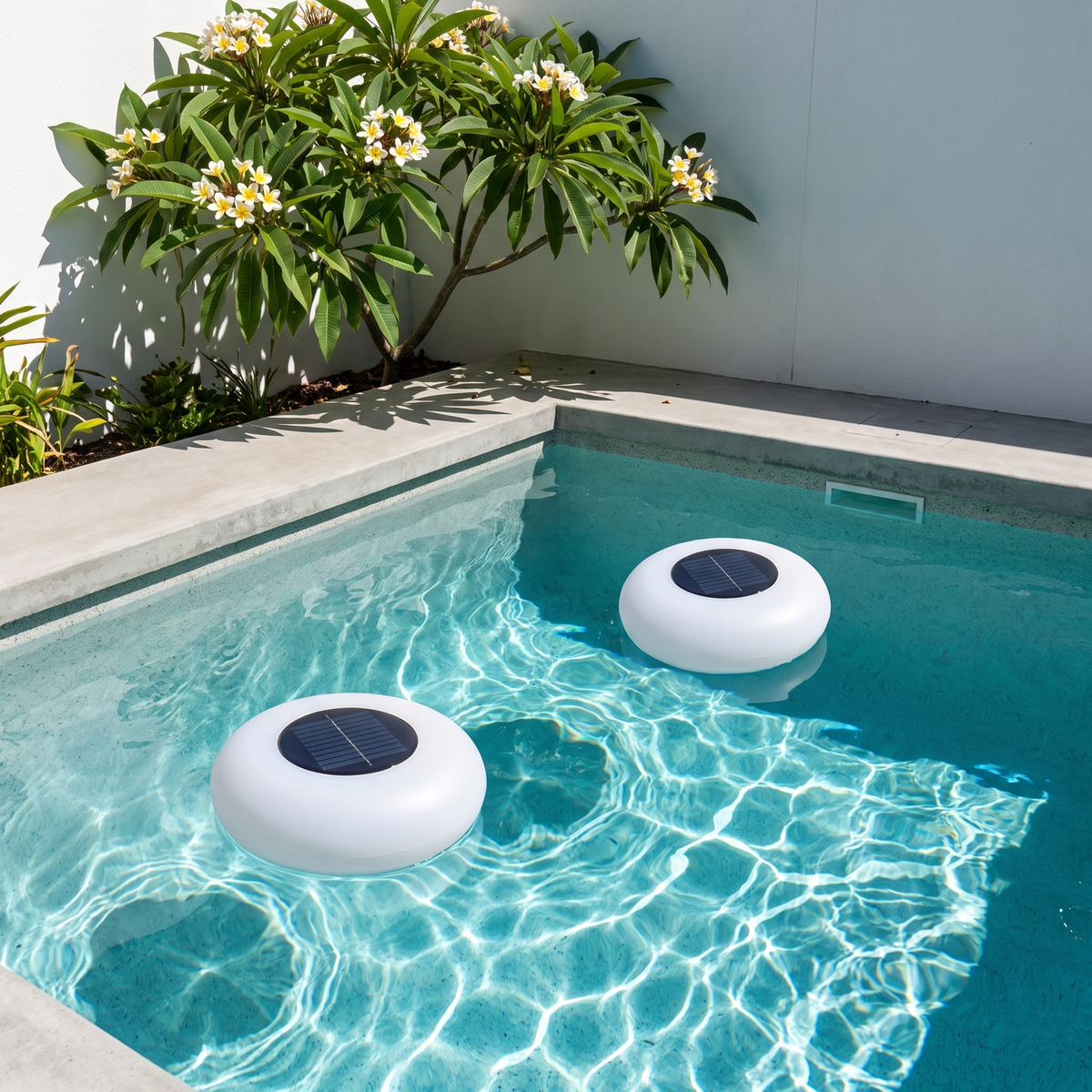 Two Agua floating solar pool lights on a turquoise concrete plunge pool with frangipani at midday