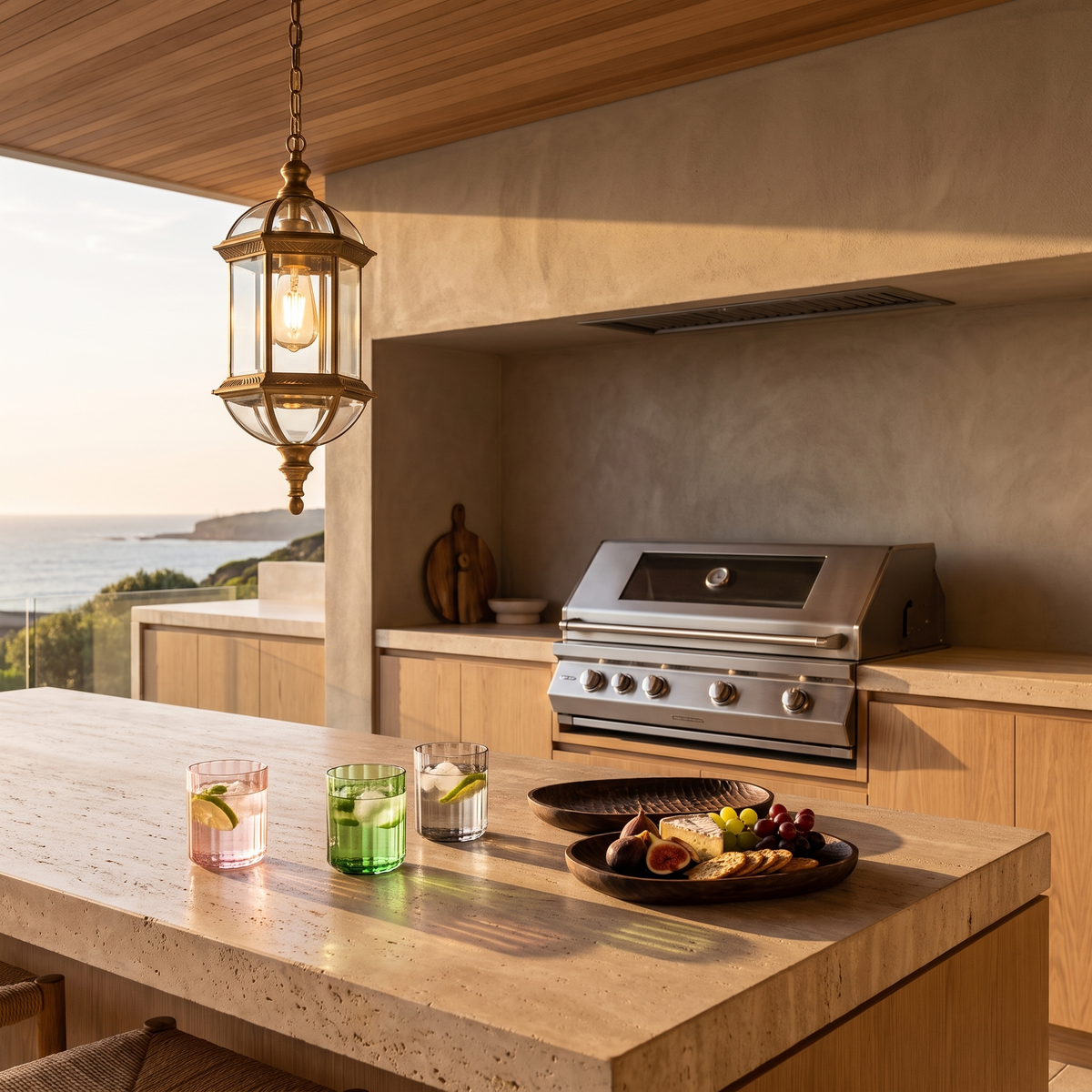 Taya bronze outdoor pendant over a travertine alfresco kitchen bench with Sorento glassware and Ubud walnut serving plates
