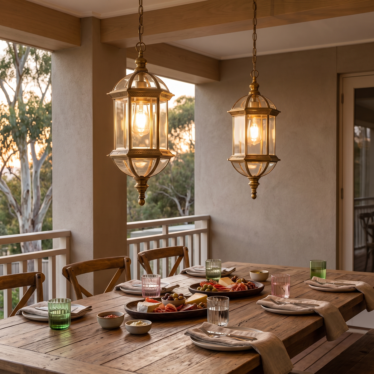Two Taya outdoor pendants above a verandah dinner table set with Sorento glassware and Ubud walnut serving plates
