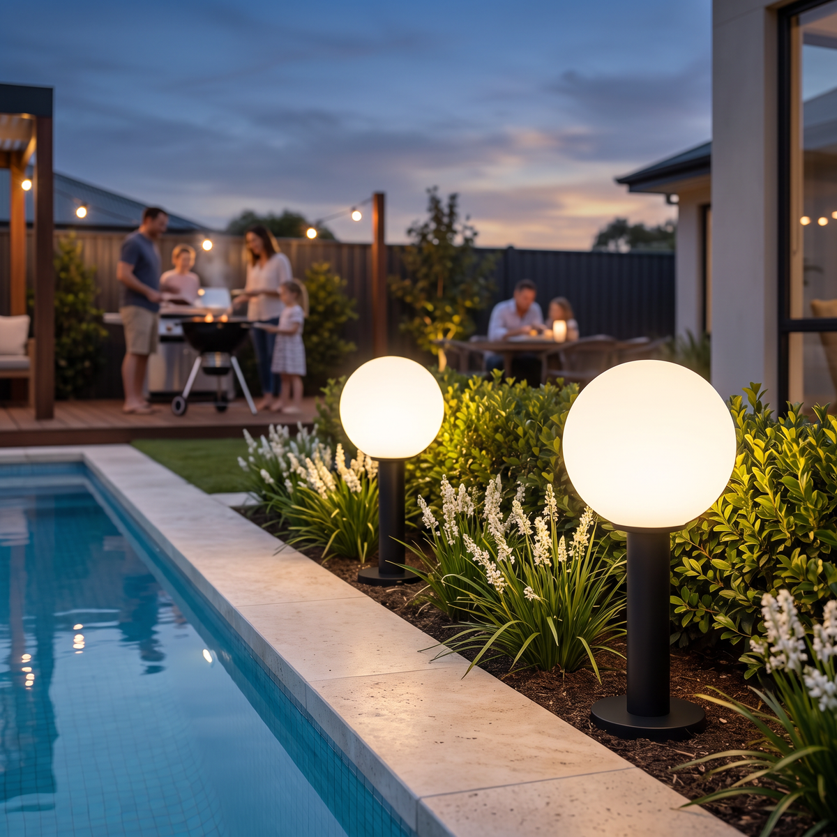 Short Allen LED bollard lights glowing in a garden bed beside a travertine pool in the early evening