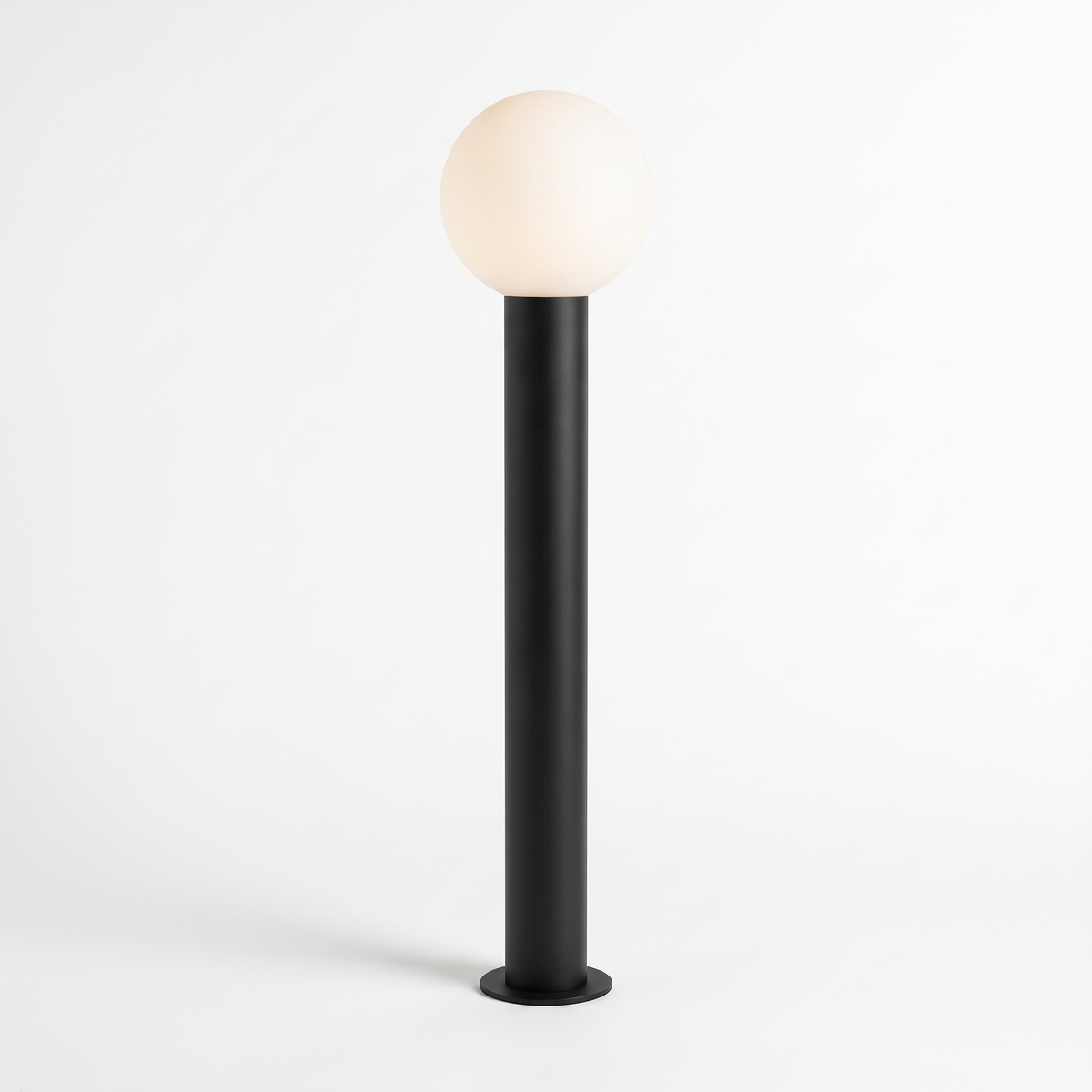 Allen LED bollard light, 80cm black post with opal globe and base plate, on a white background