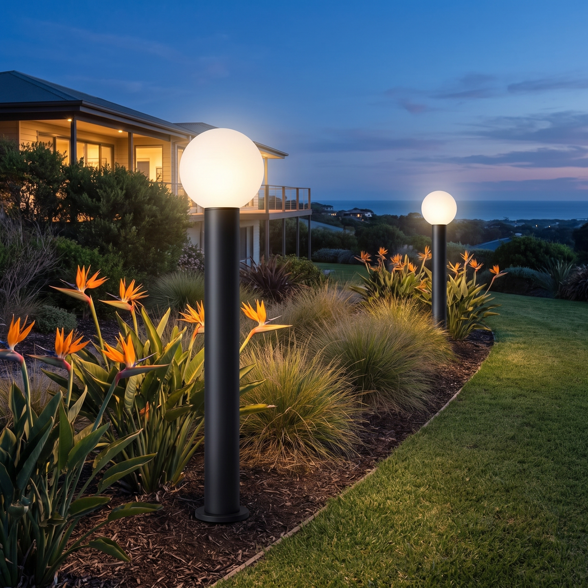 Tall Allen LED bollard light on a ground spike at a lawn edge with birds-of-paradise and an ocean view