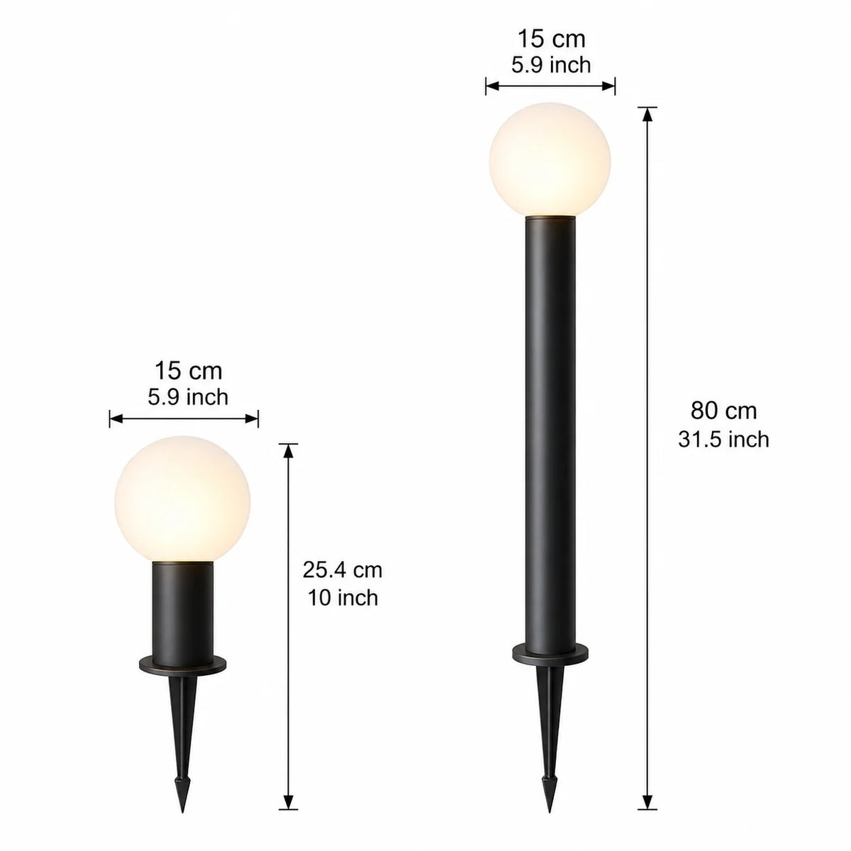 Allen LED bollard light dimensions, a 15cm globe on 25.4cm or 80cm tall posts with spike