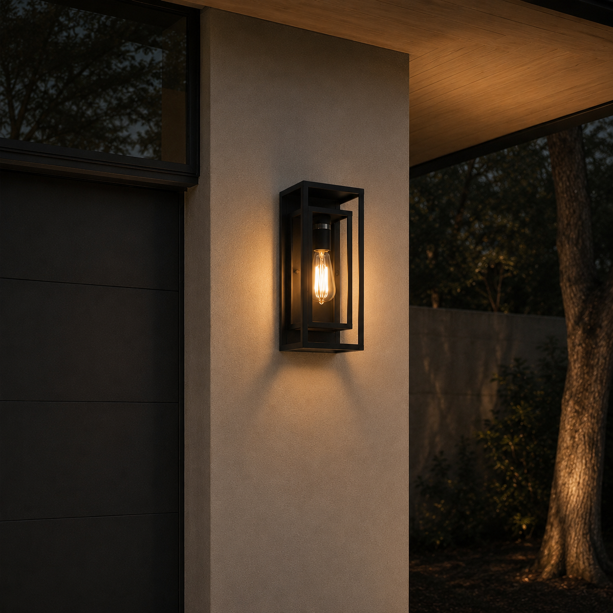 Close-up of the Ally Outdoor Wall Lamp's clear tempered glass and matte black frame