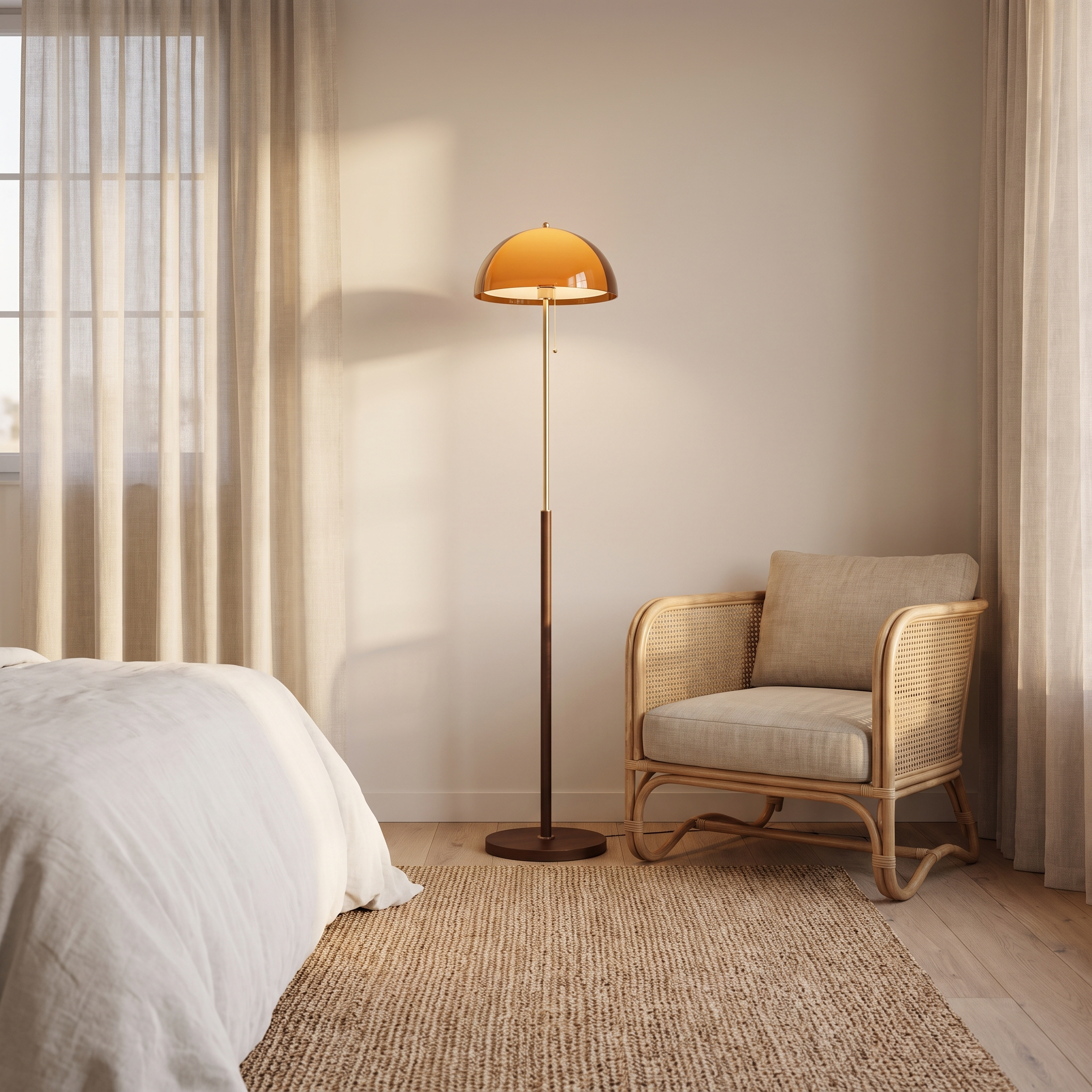 Caroline retro amber dome floor lamp in a bedroom reading corner
