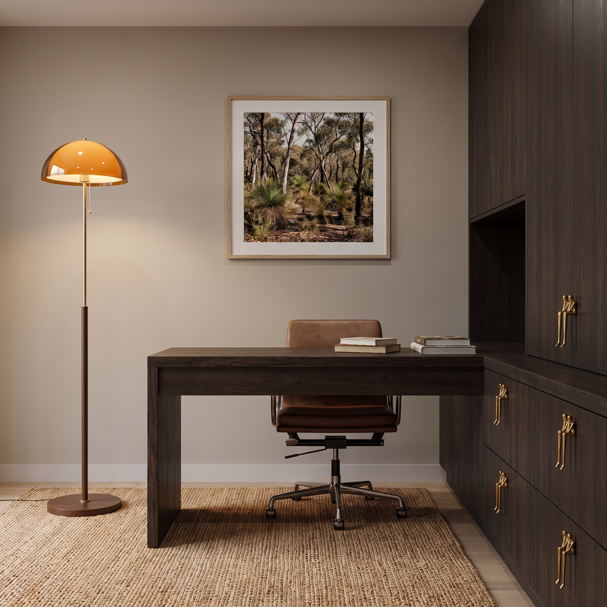 Caroline retro amber dome floor lamp with gold accents beside a dark timber desk in a sophisticated home office with brass cabinet handles