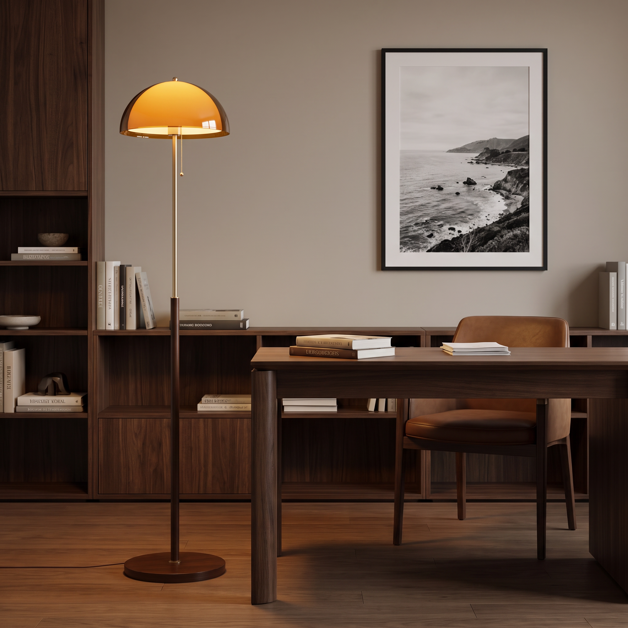 Caroline retro amber dome floor lamp beside a walnut desk in a sophisticated home office