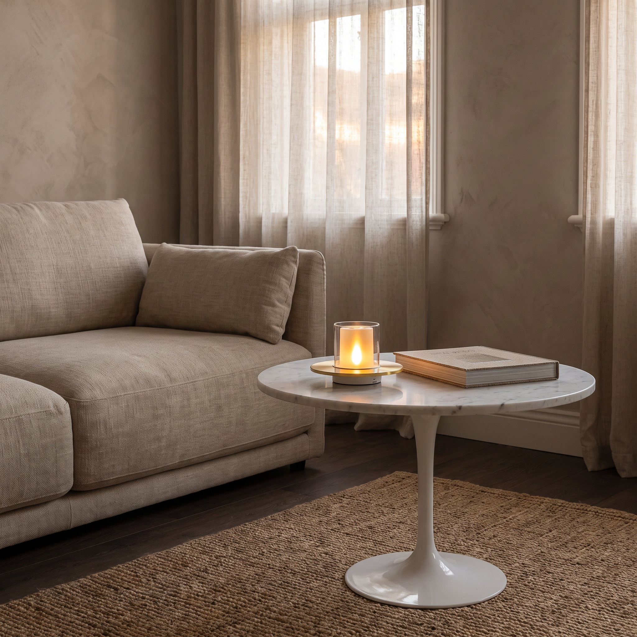 Sofia gold cordless LED candle table lamp on a marble side table in a warm coastal-Scandinavian living room