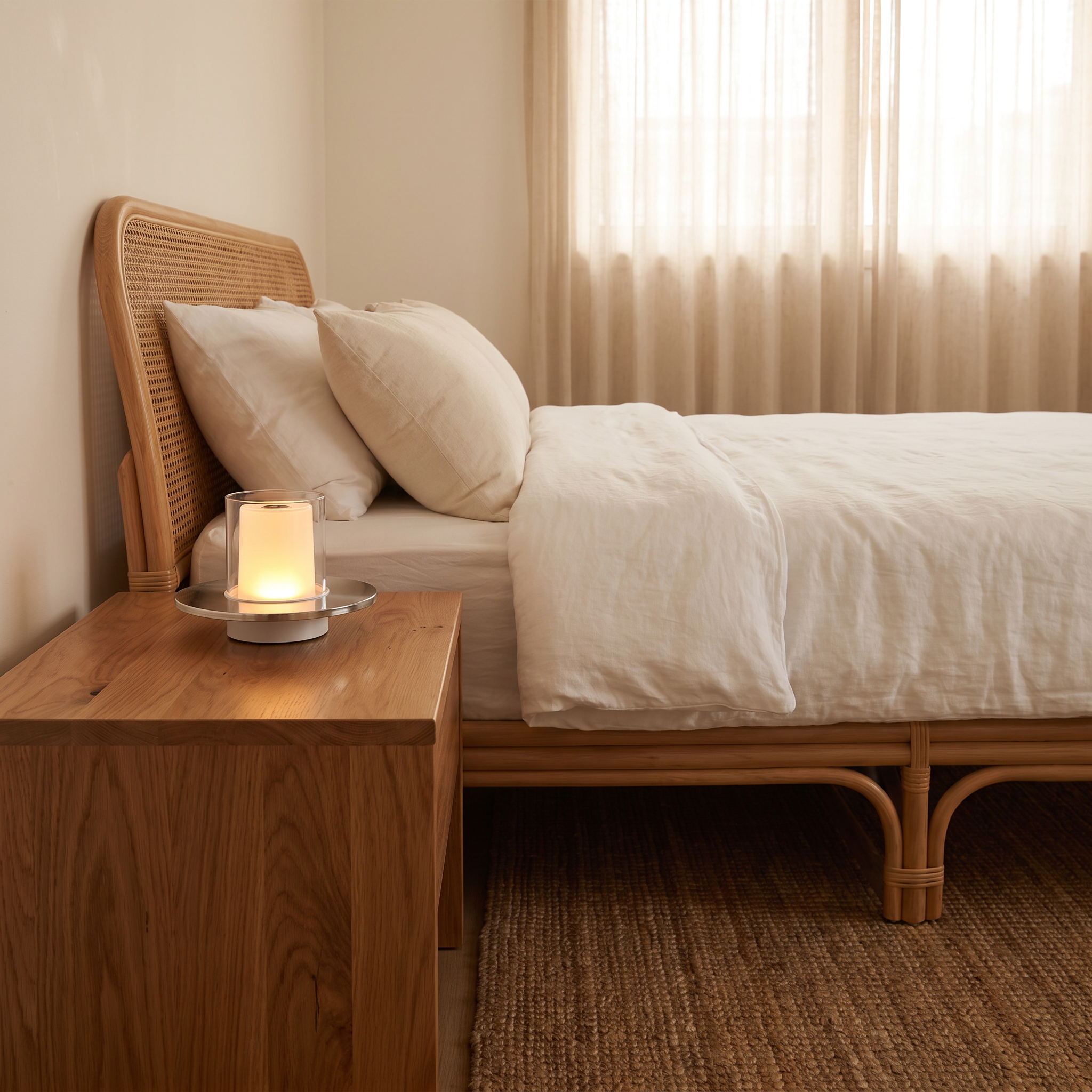 Sofia silver cordless LED candle table lamp on a timber bedside table in a coastal-Scandinavian bedroom