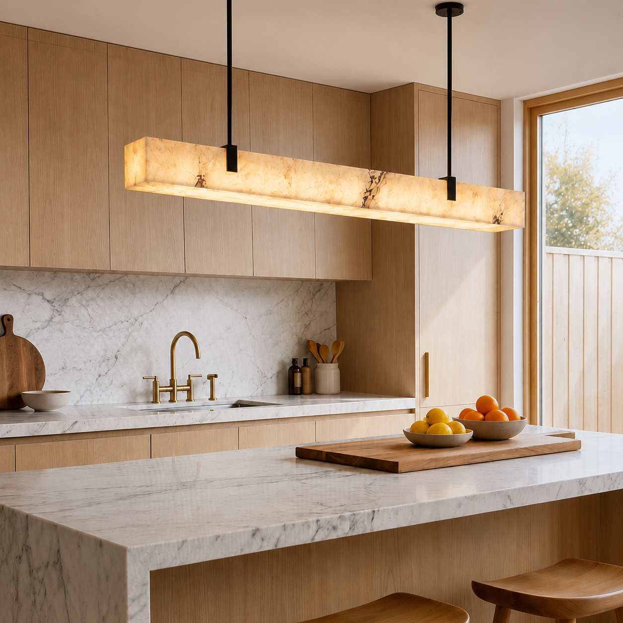 Suka linear faux-marble LED pendant light with warm glow