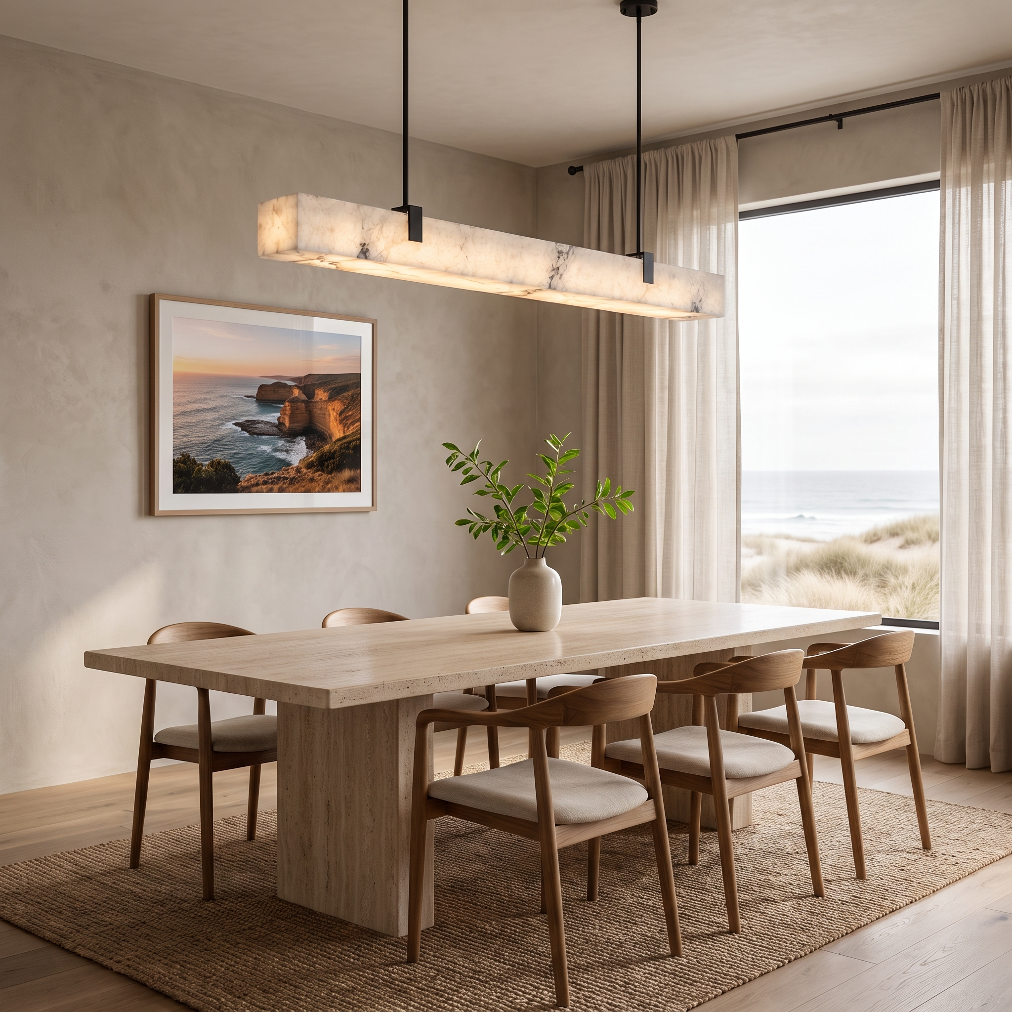 Suka linear faux-marble pendant light above a stone dining table in a coastal living room