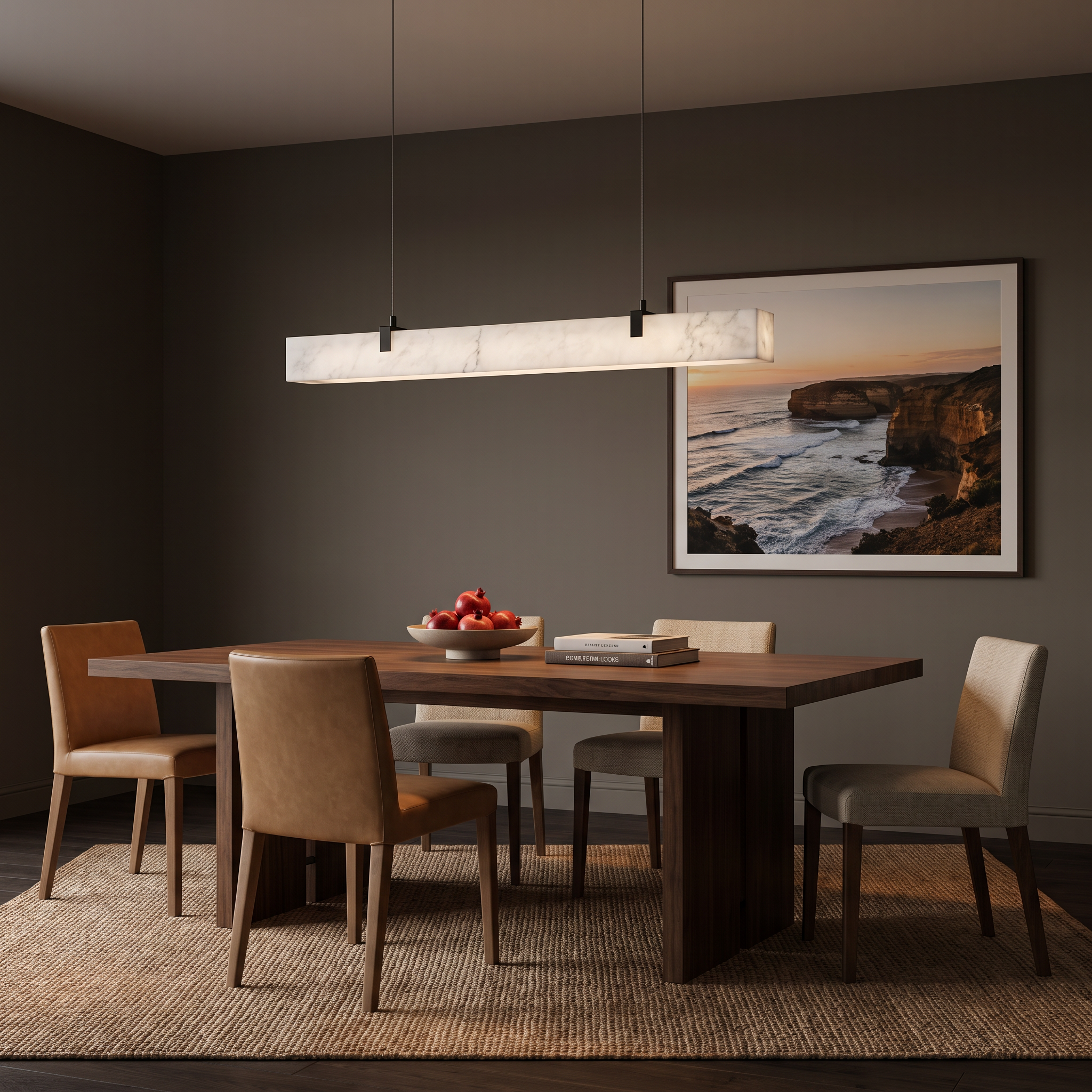 Suka linear faux-marble pendant light over a dark timber dining table