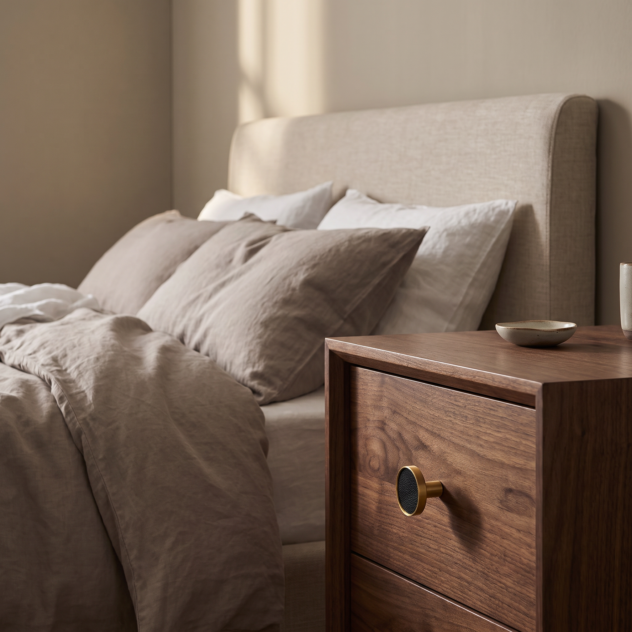 Swansea leather-wrapped brass cabinet handle on a walnut bedside drawer