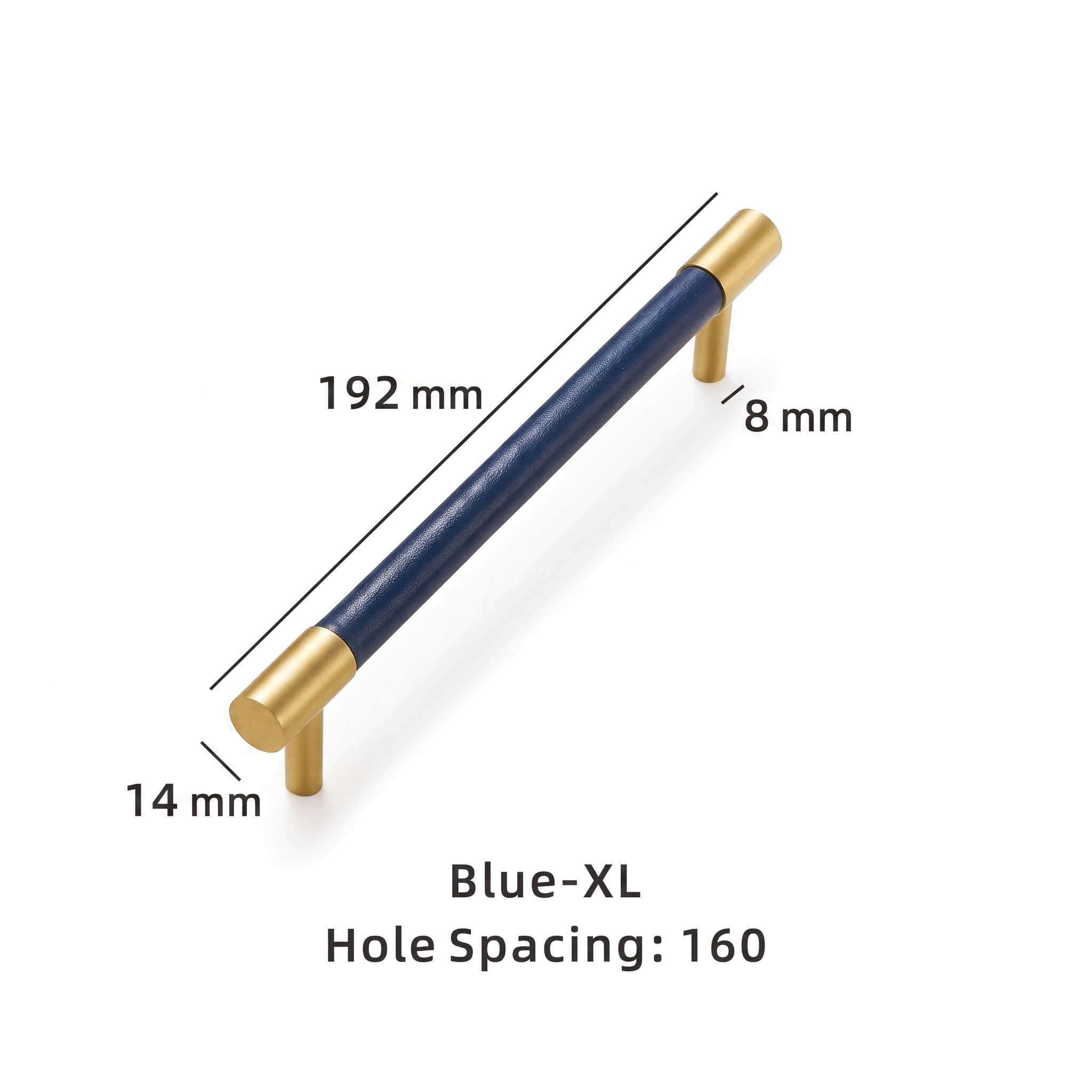 Swansea leather-wrapped brass cabinet handle dimensions in millimetres on a plain white background