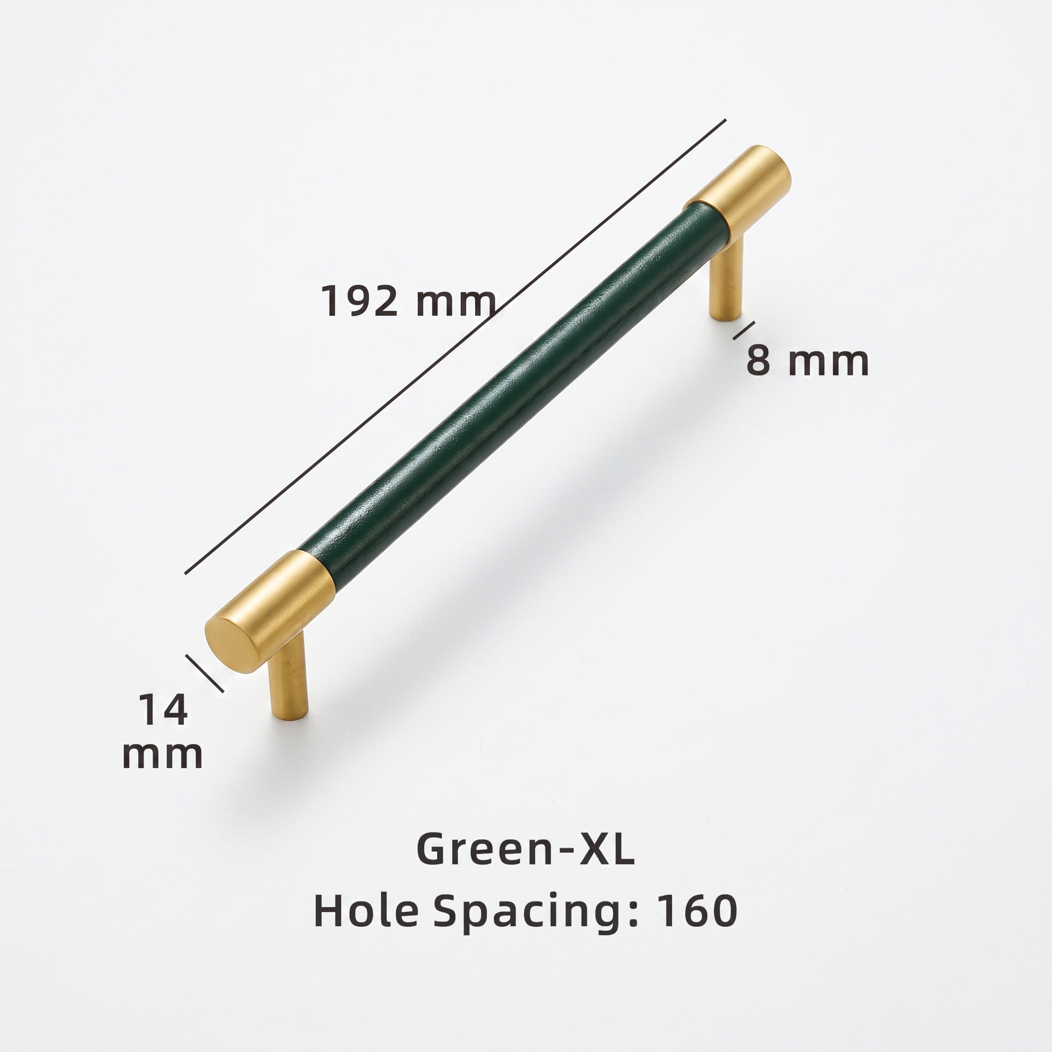 Swansea leather-wrapped brass cabinet handle dimensions in millimetres on a plain white background