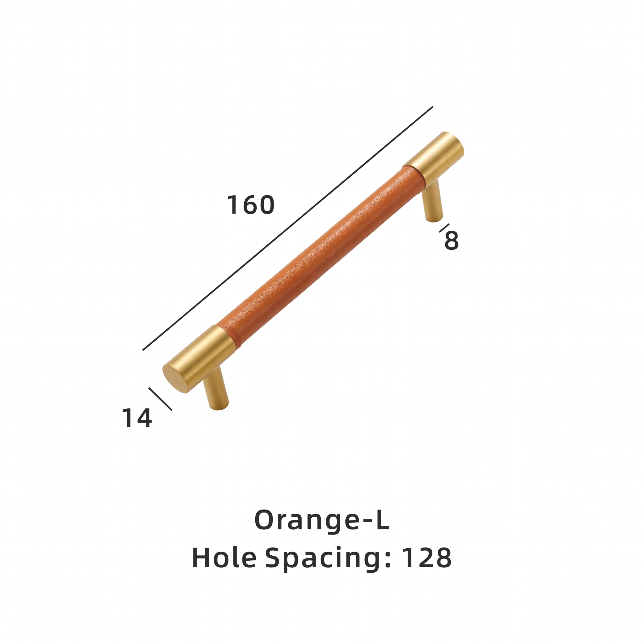 Swansea leather-wrapped brass cabinet handle dimensions in millimetres on a plain white background