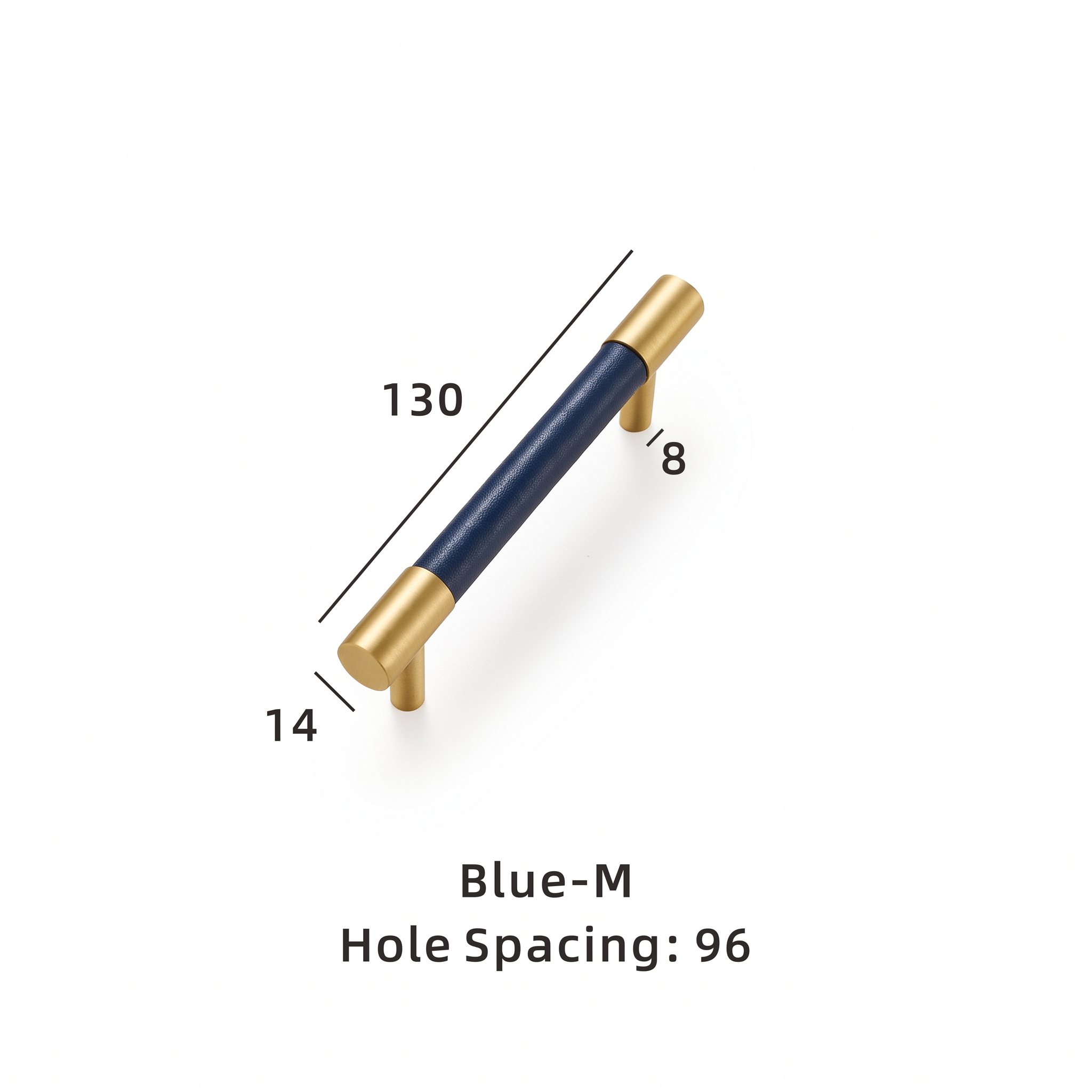 Swansea leather-wrapped brass cabinet handle dimensions in millimetres on a plain white background