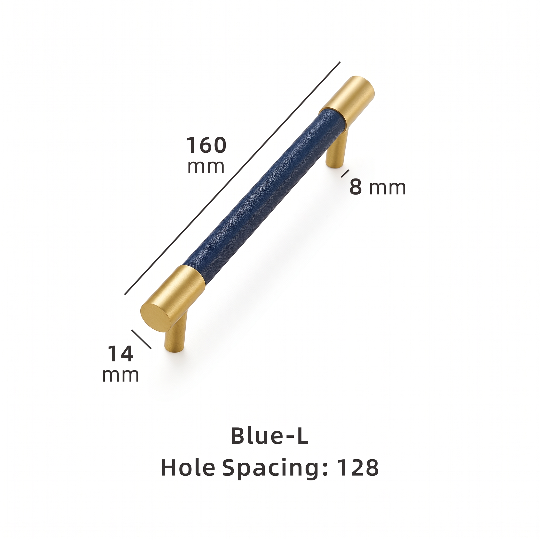 Swansea leather-wrapped brass cabinet handle dimensions in millimetres on a plain white background