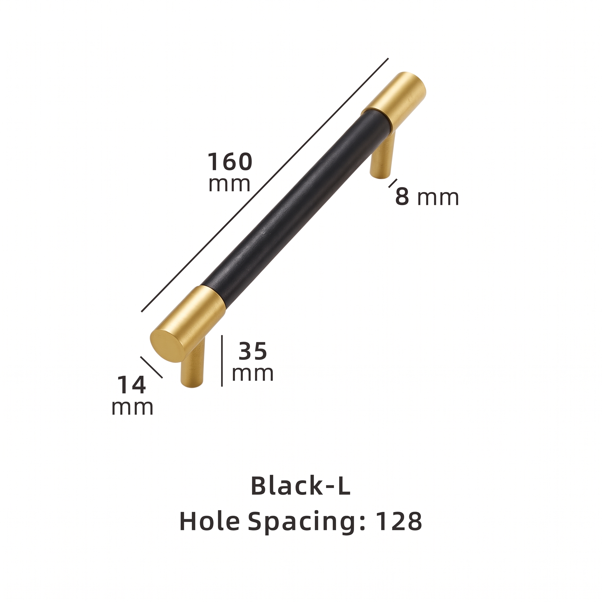 Swansea leather-wrapped brass cabinet handle dimensions in millimetres on a plain white background