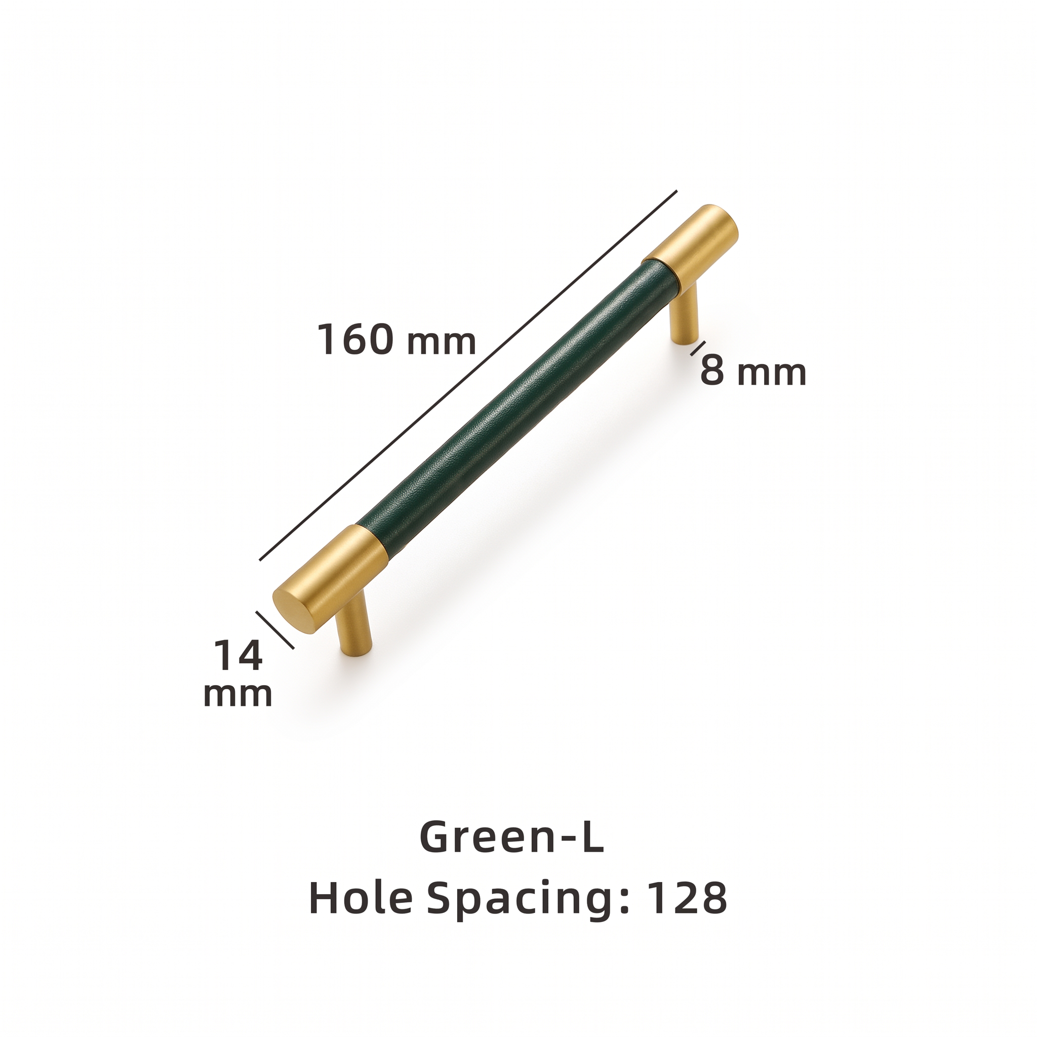 Swansea leather-wrapped brass cabinet handle dimensions in millimetres on a plain white background