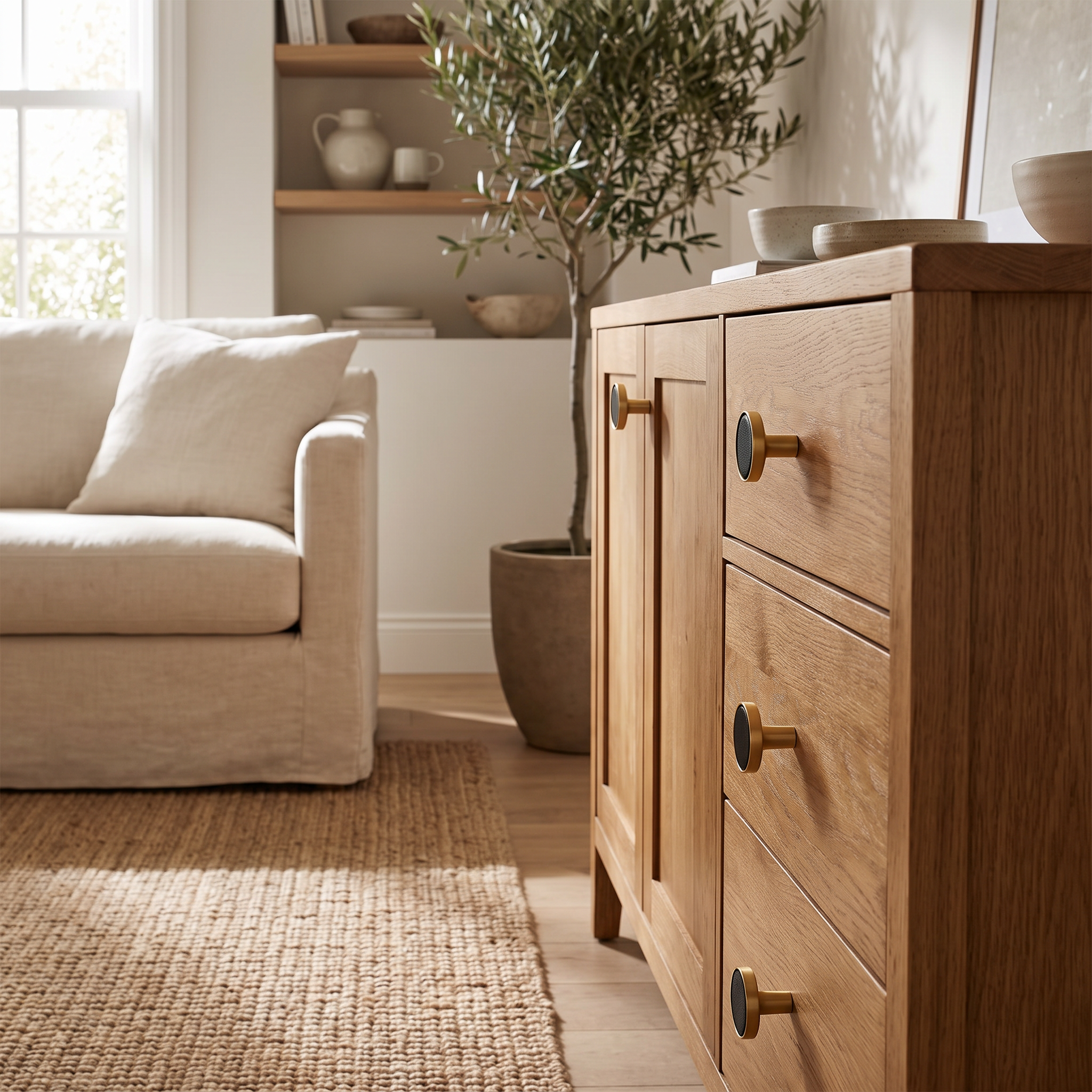 Swansea leather-wrapped brass cabinet handles on a timber living room sideboard