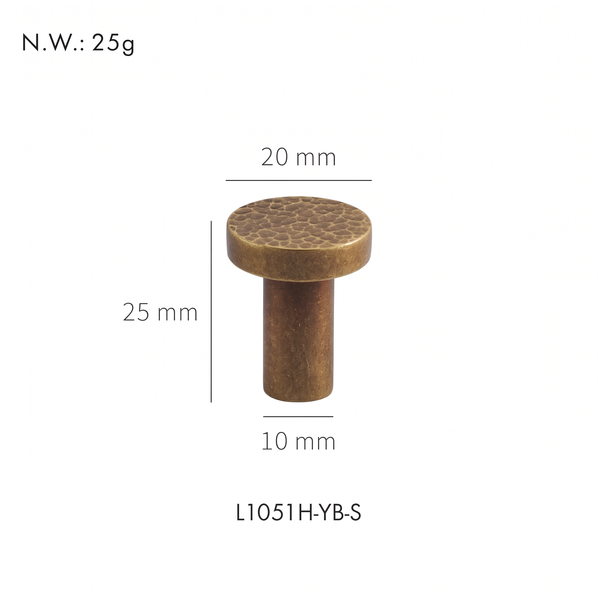 Trigg textured brass drawer knob dimensions in millimetres on a plain white background