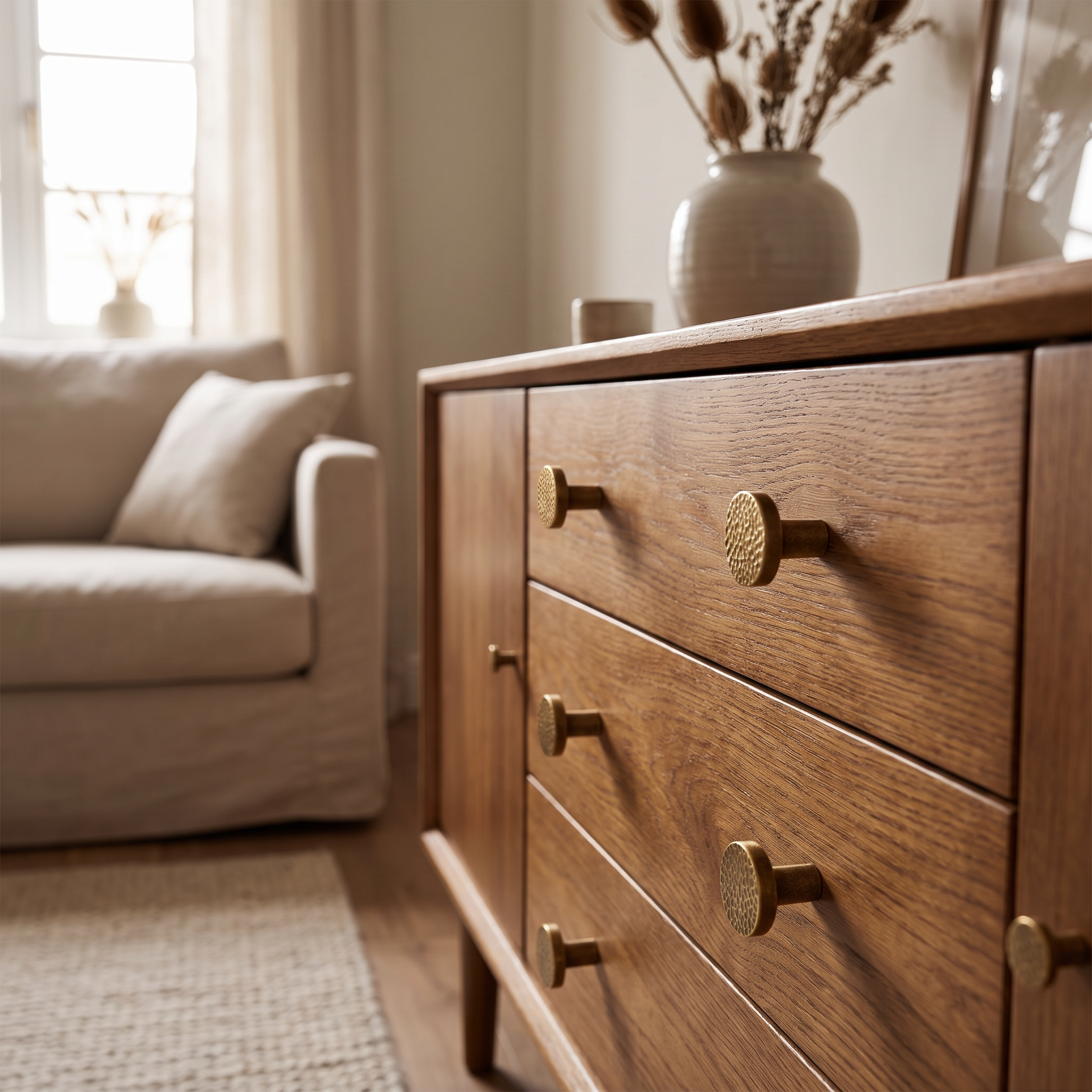 Trigg textured brass drawer knobs on a timber living room sideboard