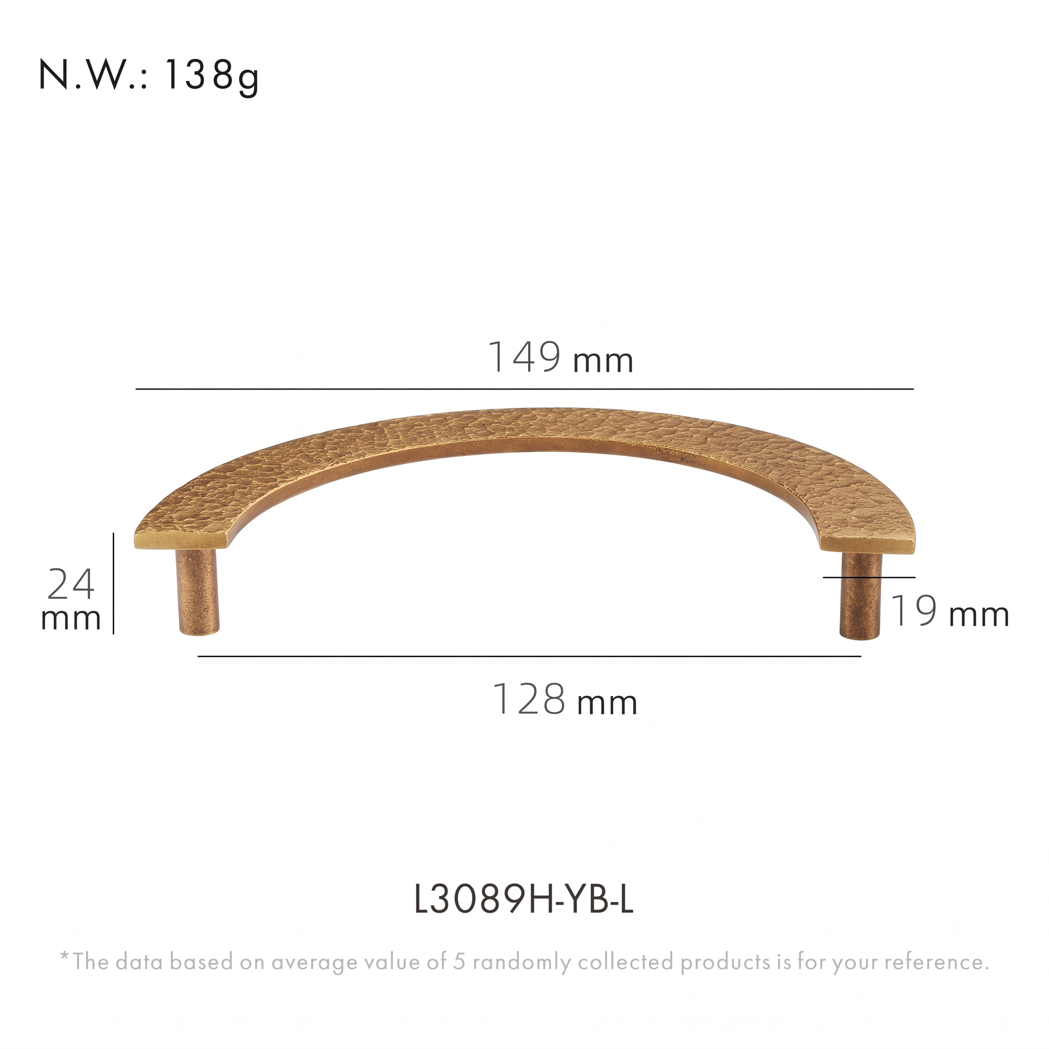 Trigg textured brass drawer handle dimensions in millimetres on a plain white background