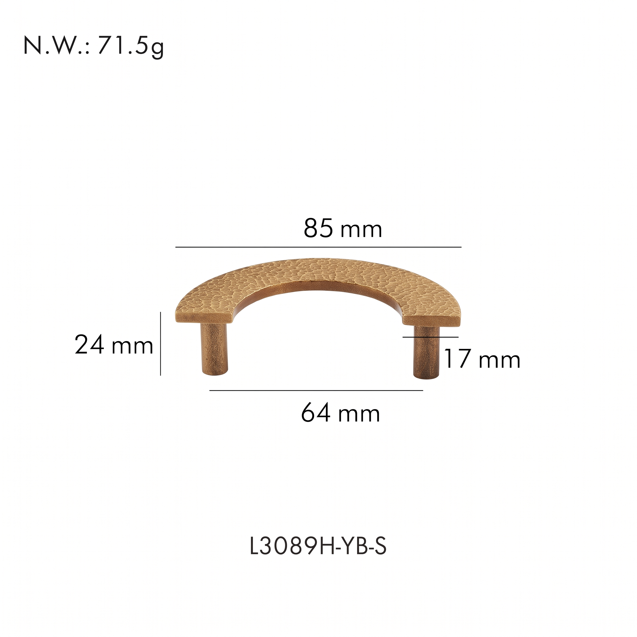 Trigg textured brass drawer handle dimensions in millimetres on a plain white background