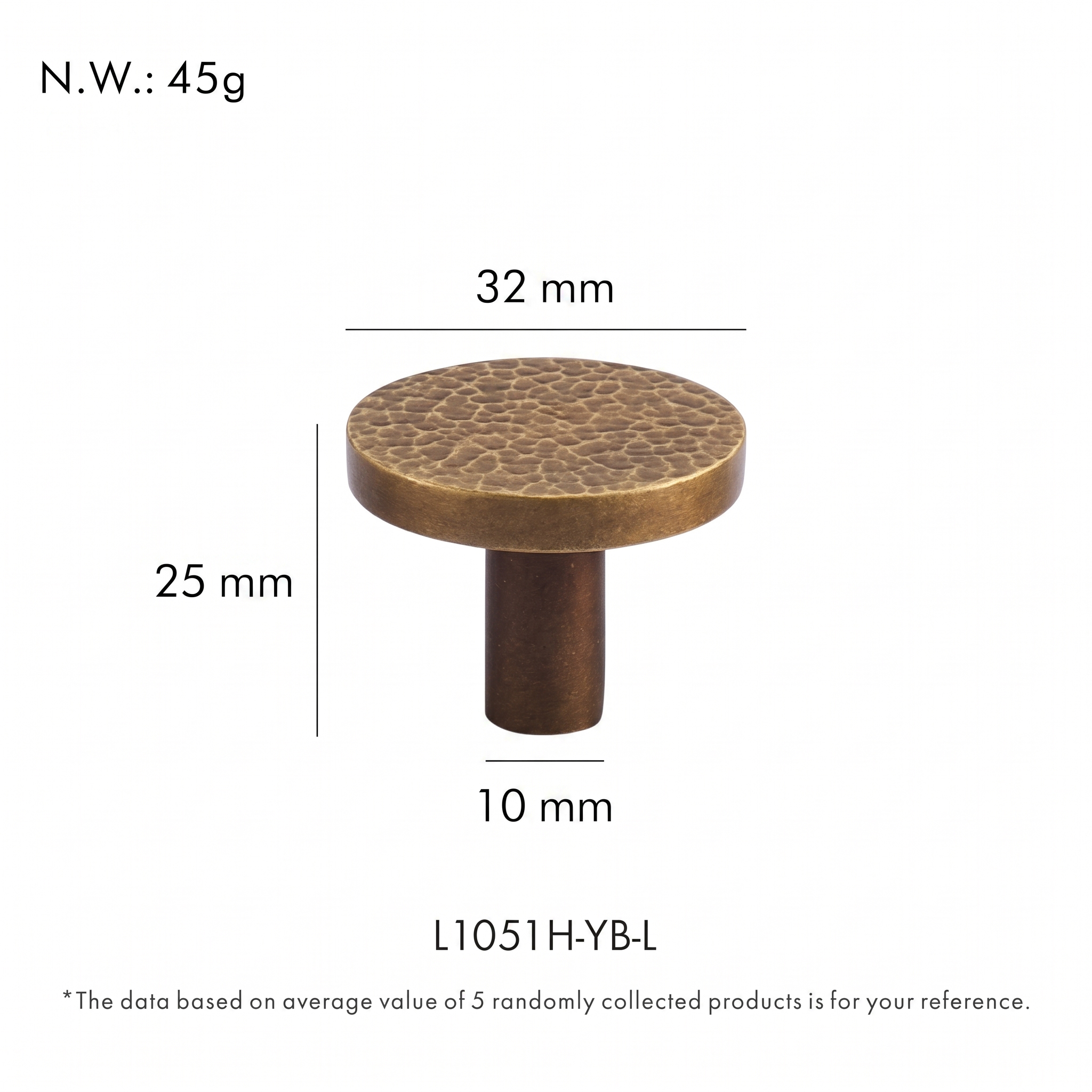 Trigg textured brass drawer knob dimensions in millimetres on a plain white background